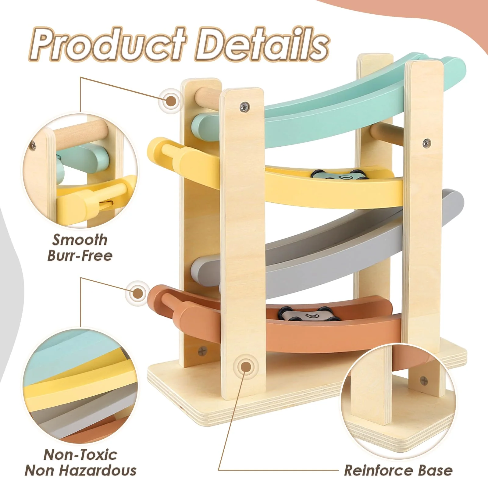 Joyreal Montessori Toys for 1 2 Year Old Boys and Girls - Soft Color Wooden Car Ramp Race Track Set with 4 Mini Cars & Garage - Christmas Birthday Gifts for Toddlers 1-3 Year Old - Image 3