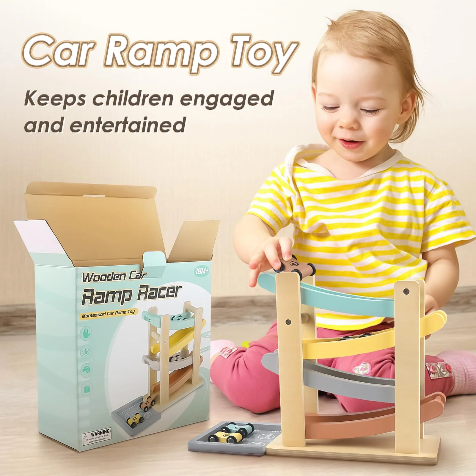Joyreal Montessori Toys for 1 2 Year Old Boys and Girls - Soft Color Wooden Car Ramp Race Track Set with 4 Mini Cars & Garage - Christmas Birthday Gifts for Toddlers 1-3 Year Old - Image 5