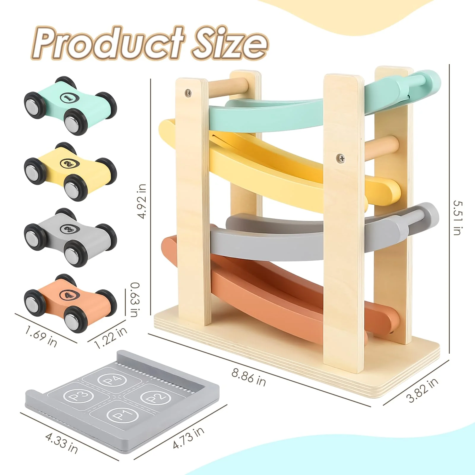 Joyreal Montessori Toys for 1 2 Year Old Boys and Girls - Soft Color Wooden Car Ramp Race Track Set with 4 Mini Cars & Garage - Christmas Birthday Gifts for Toddlers 1-3 Year Old - Image 7