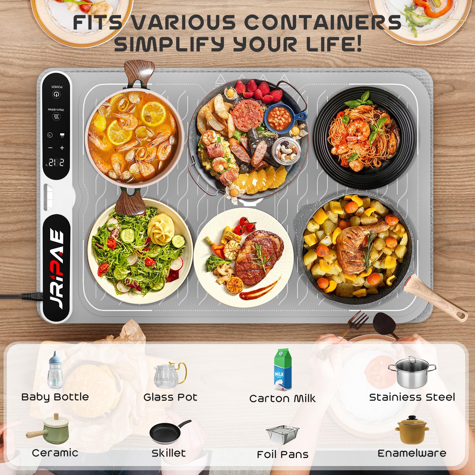 Jripae Warming Mat for Food, Fast Heating Silicone Electric Warming Tray with Heat Resistant Pad Protects Table,7 Level Temp, 8H Timer, Portable & Rollable Food Warmers for Parties Buffet, Daily Use - Image 5