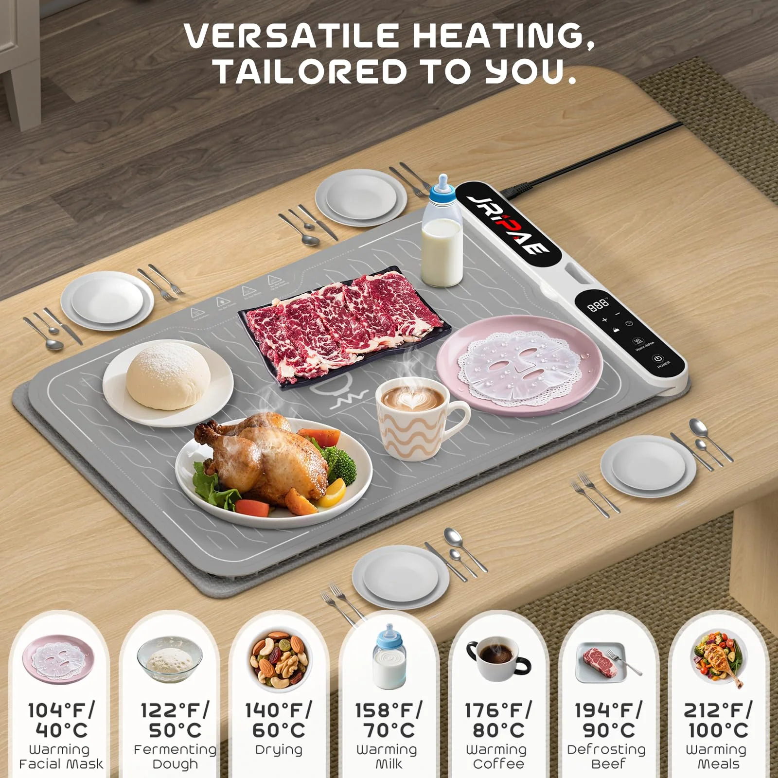 Jripae Warming Mat for Food, Fast Heating Silicone Electric Warming Tray with Heat Resistant Pad Protects Table,7 Level Temp, 8H Timer, Portable & Rollable Food Warmers for Parties Buffet, Daily Use - Image 6