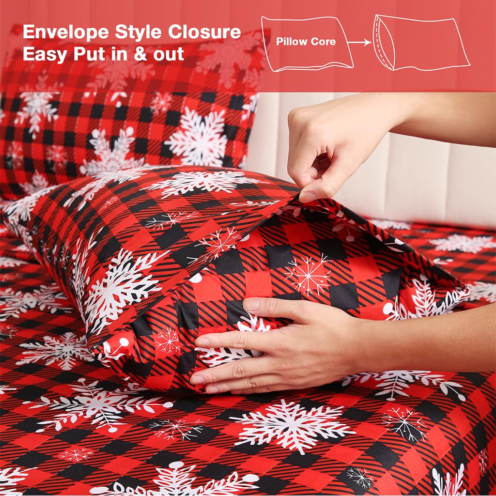 JSD Red Buffalo Plaid Snowflakes Sheet Set Queen Size, 4 Piece Christmas Winter Microfiber Bedding Sheets Extra Deep Pocket - Image 3