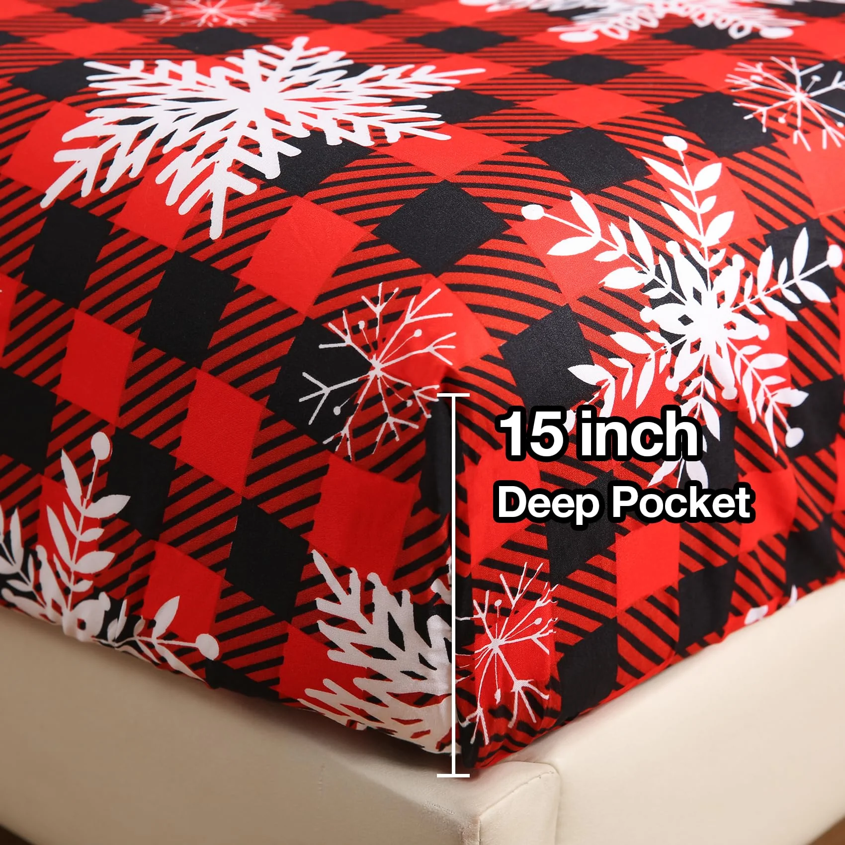 JSD Red Buffalo Plaid Snowflakes Sheet Set Queen Size, 4 Piece Christmas Winter Microfiber Bedding Sheets Extra Deep Pocket - Image 5