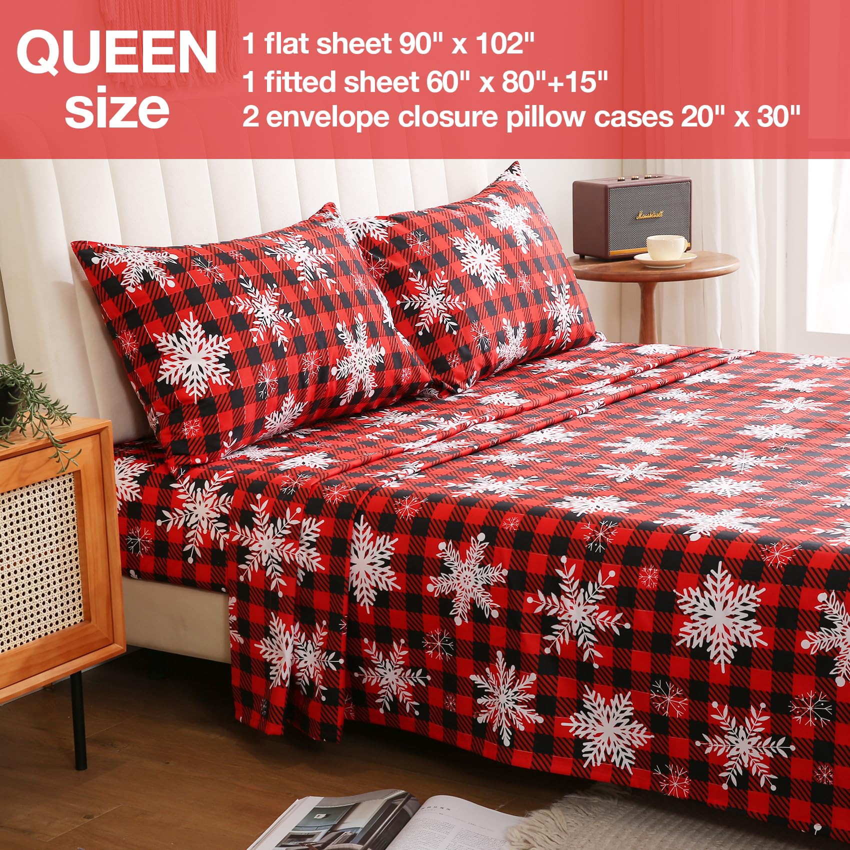 JSD Red Buffalo Plaid Snowflakes Sheet Set Queen Size, 4 Piece Christmas Winter Microfiber Bedding Sheets Extra Deep Pocket - Image 6