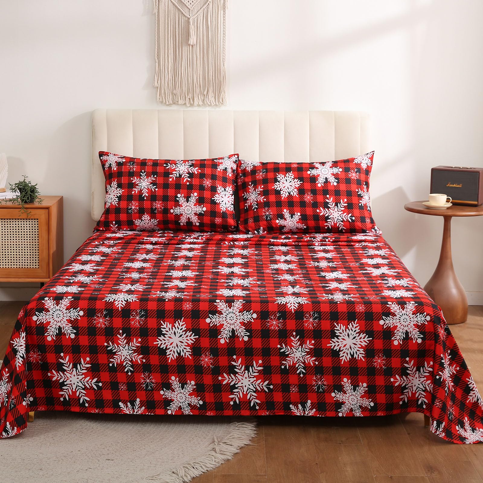 JSD Red Buffalo Plaid Snowflakes Sheet Set Queen Size, 4 Piece Christmas Winter Microfiber Bedding Sheets Extra Deep Pocket - Image 7