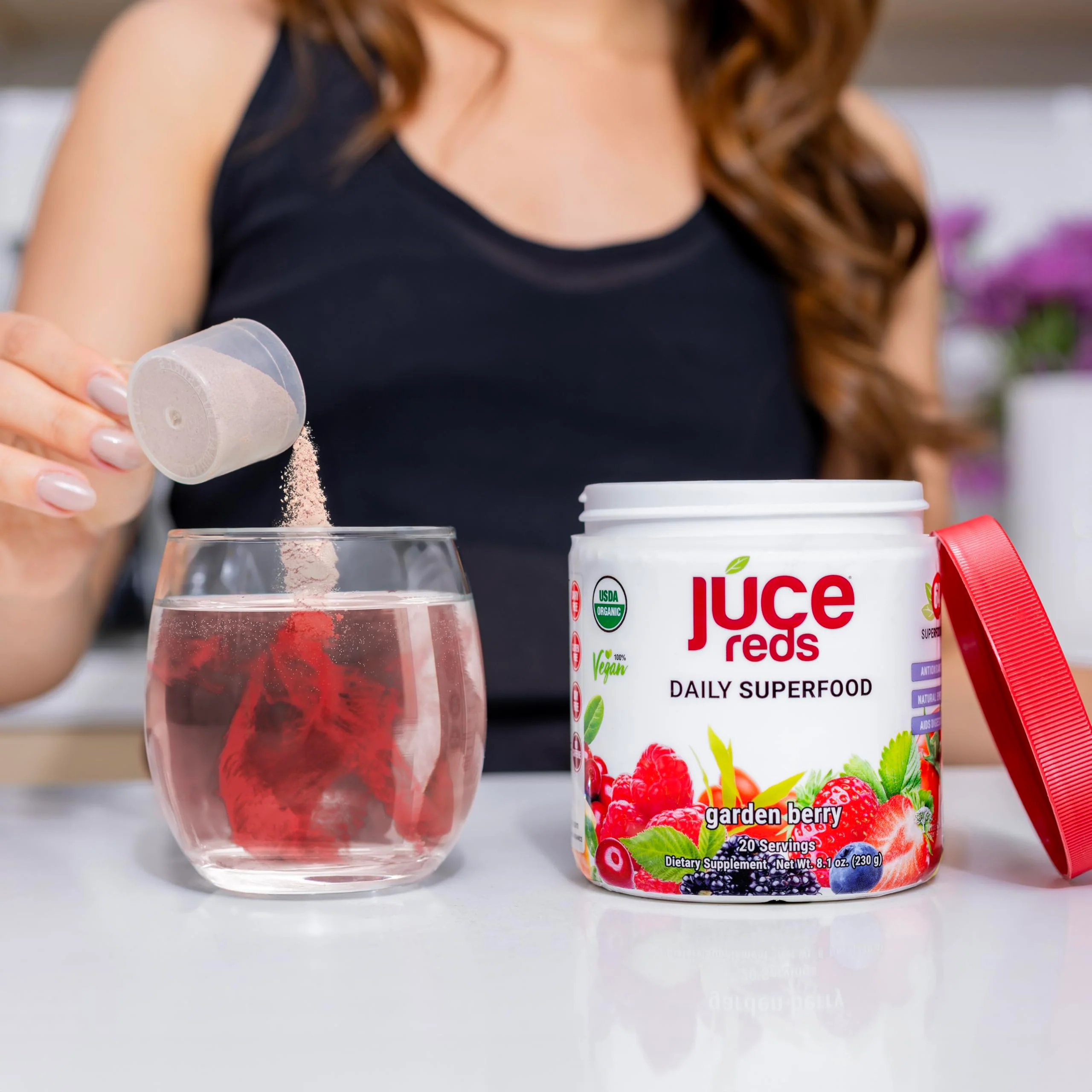 JUCE Reds Organic Superfood Powder - Garden Berry Flavor | Fruit & Veggie Powder for Everyone w/64 Immune Boosting Superfood Plus Probiotics for Gut Health | 20 Servings (230g) | By Terra Kai Organics - Image 2