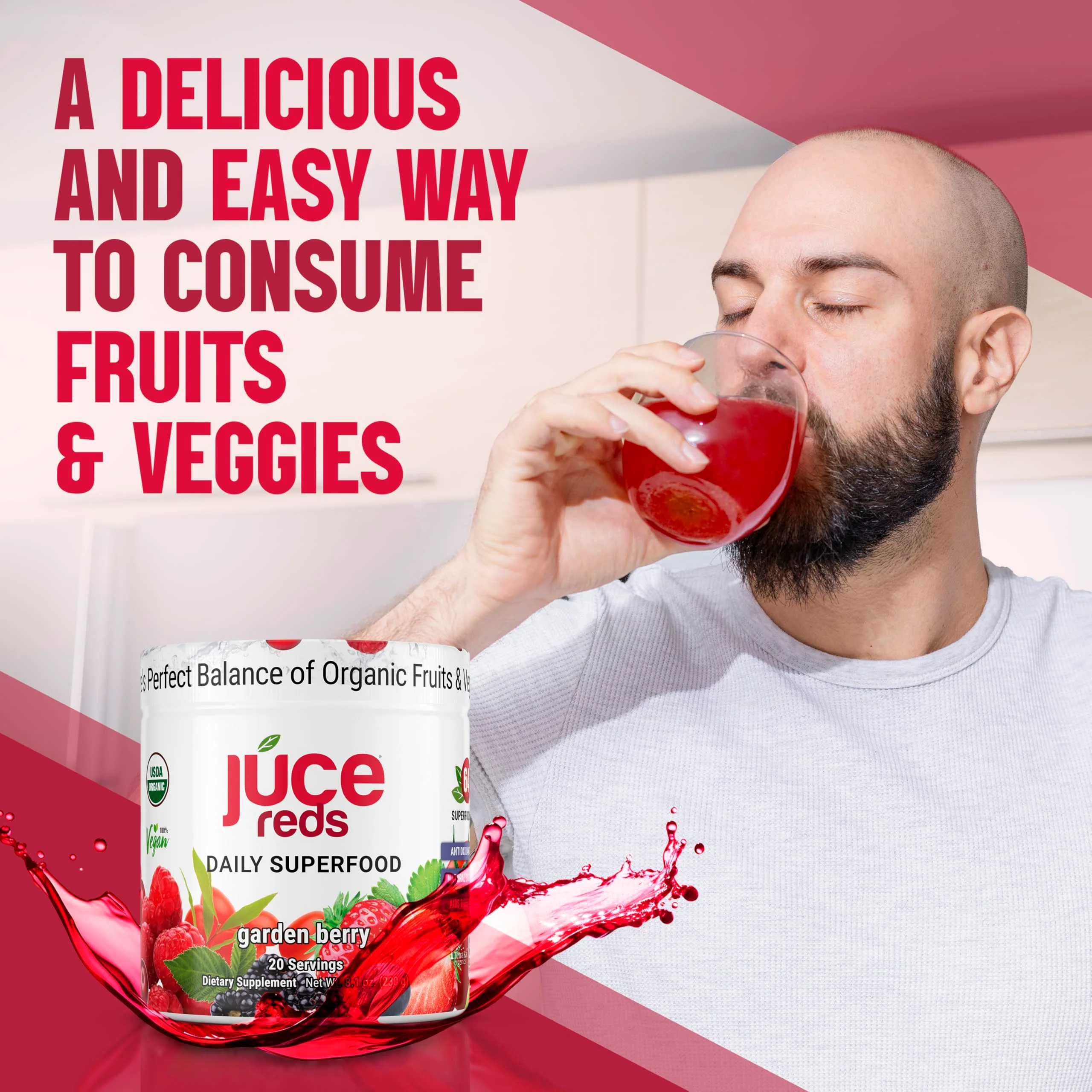 JUCE Reds Organic Superfood Powder - Garden Berry Flavor | Fruit & Veggie Powder for Everyone w/64 Immune Boosting Superfood Plus Probiotics for Gut Health | 20 Servings (230g) | By Terra Kai Organics - Image 5