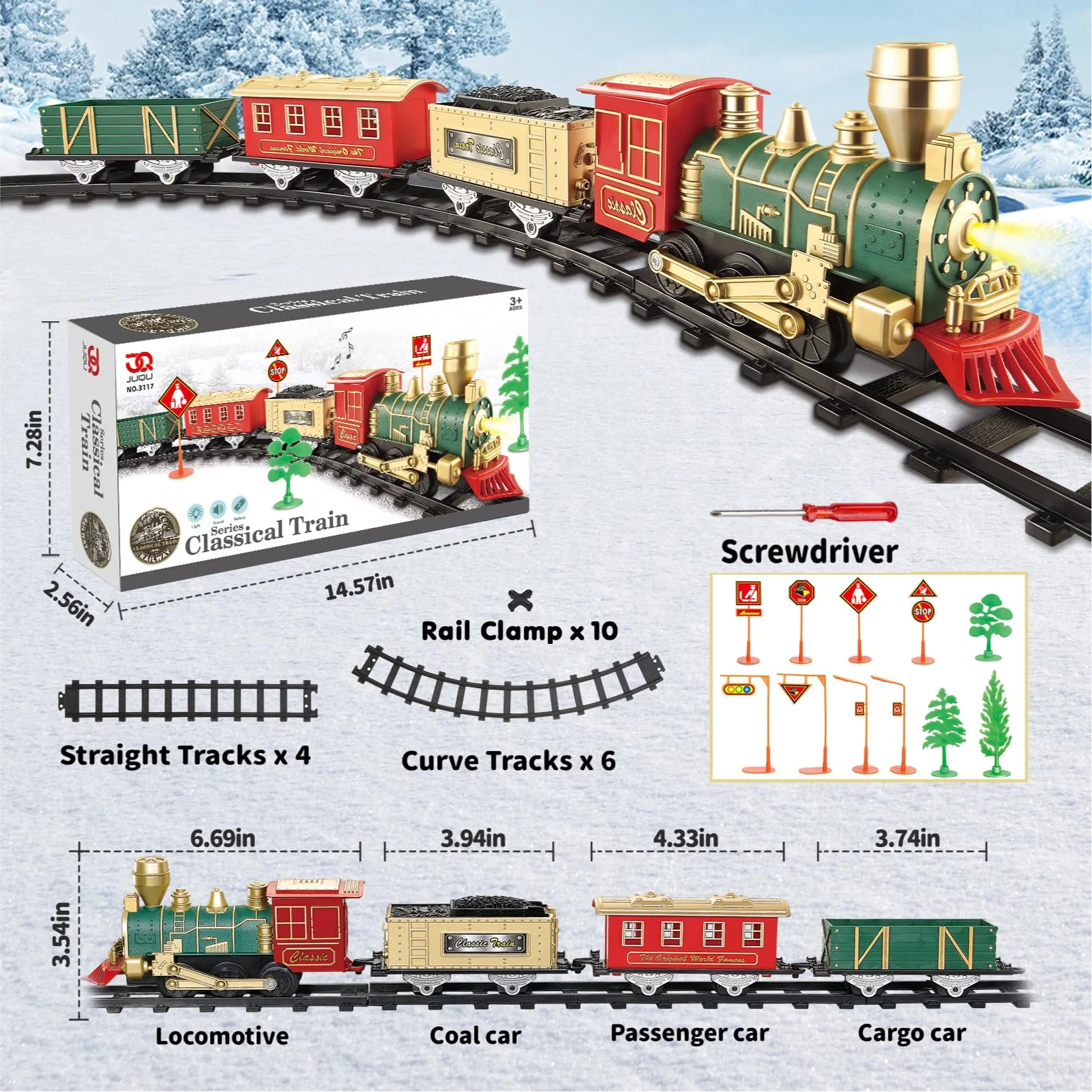 JUQU Electric Train Set for Kids Ages 3-8 – Battery Operated Toy Train with Lights, Sounds, 3 Cars & 10 Tracks, Classic Christmas Tree Train Set for Under or Around Tree - Image 3