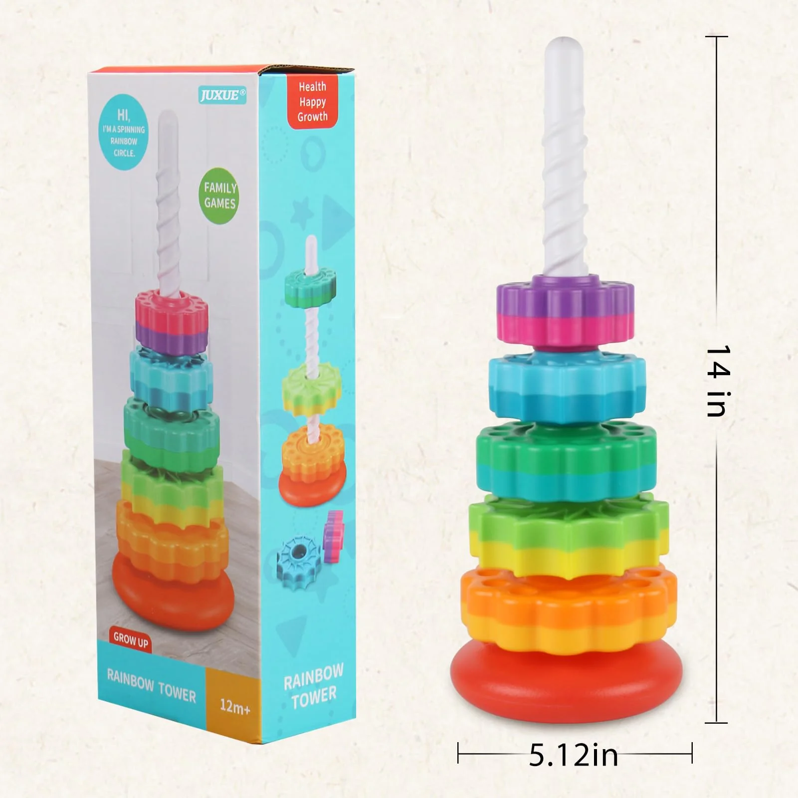 JUXUE Baby Spinning Stacking Toys for Toddlers 1-3, Rainbow Ring Stacker Montessori Toys for Babies 6-12 Months, 1 2 3 One Year Old Girl Boy Christmas Birthday Gifts, Autism Sensory Learning Toy - Image 2