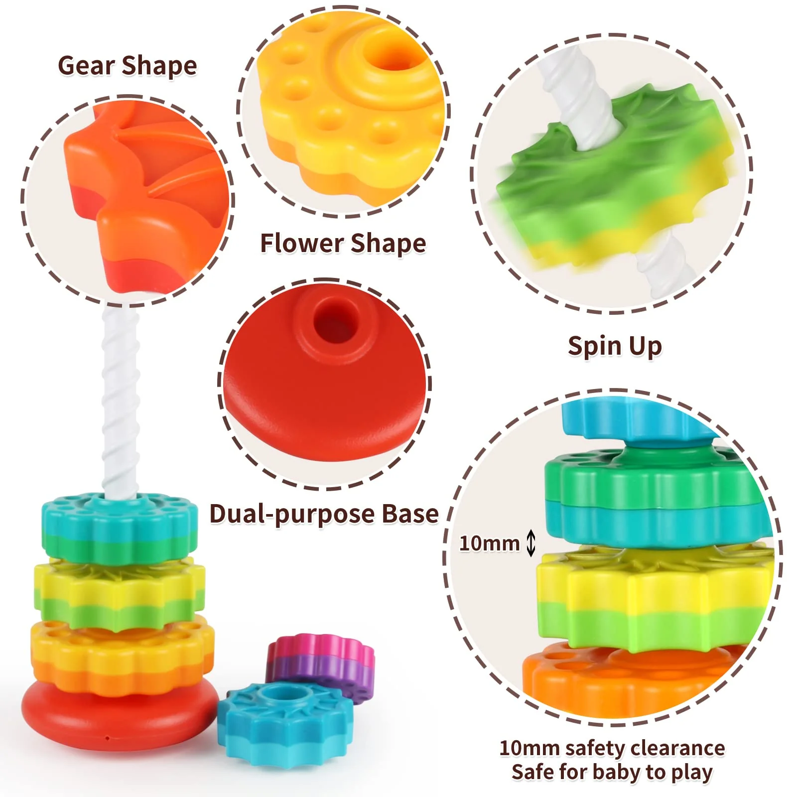 JUXUE Baby Spinning Stacking Toys for Toddlers 1-3, Rainbow Ring Stacker Montessori Toys for Babies 6-12 Months, 1 2 3 One Year Old Girl Boy Christmas Birthday Gifts, Autism Sensory Learning Toy - Image 3