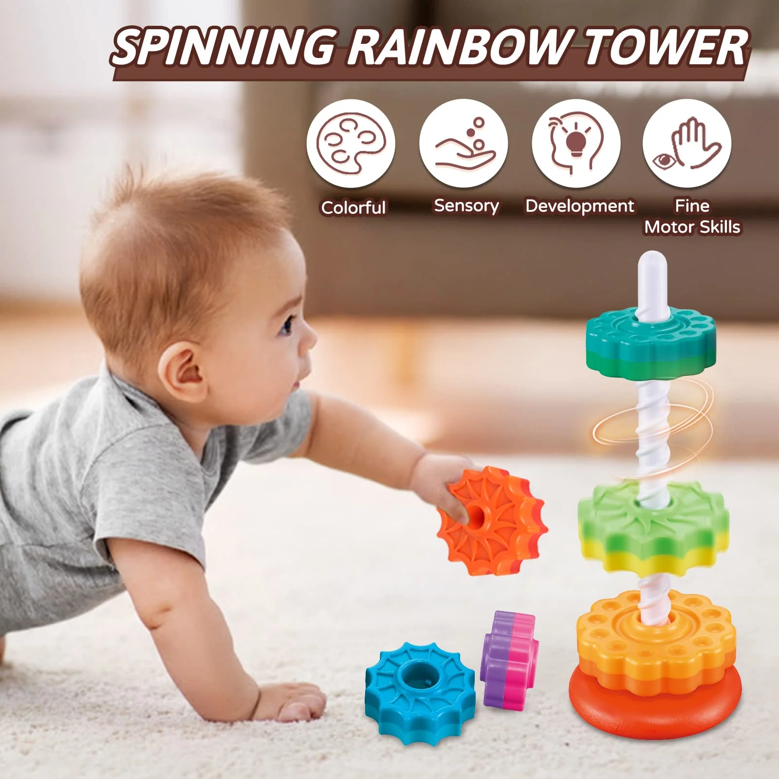 JUXUE Baby Spinning Stacking Toys for Toddlers 1-3, Rainbow Ring Stacker Montessori Toys for Babies 6-12 Months, 1 2 3 One Year Old Girl Boy Christmas Birthday Gifts, Autism Sensory Learning Toy - Image 4