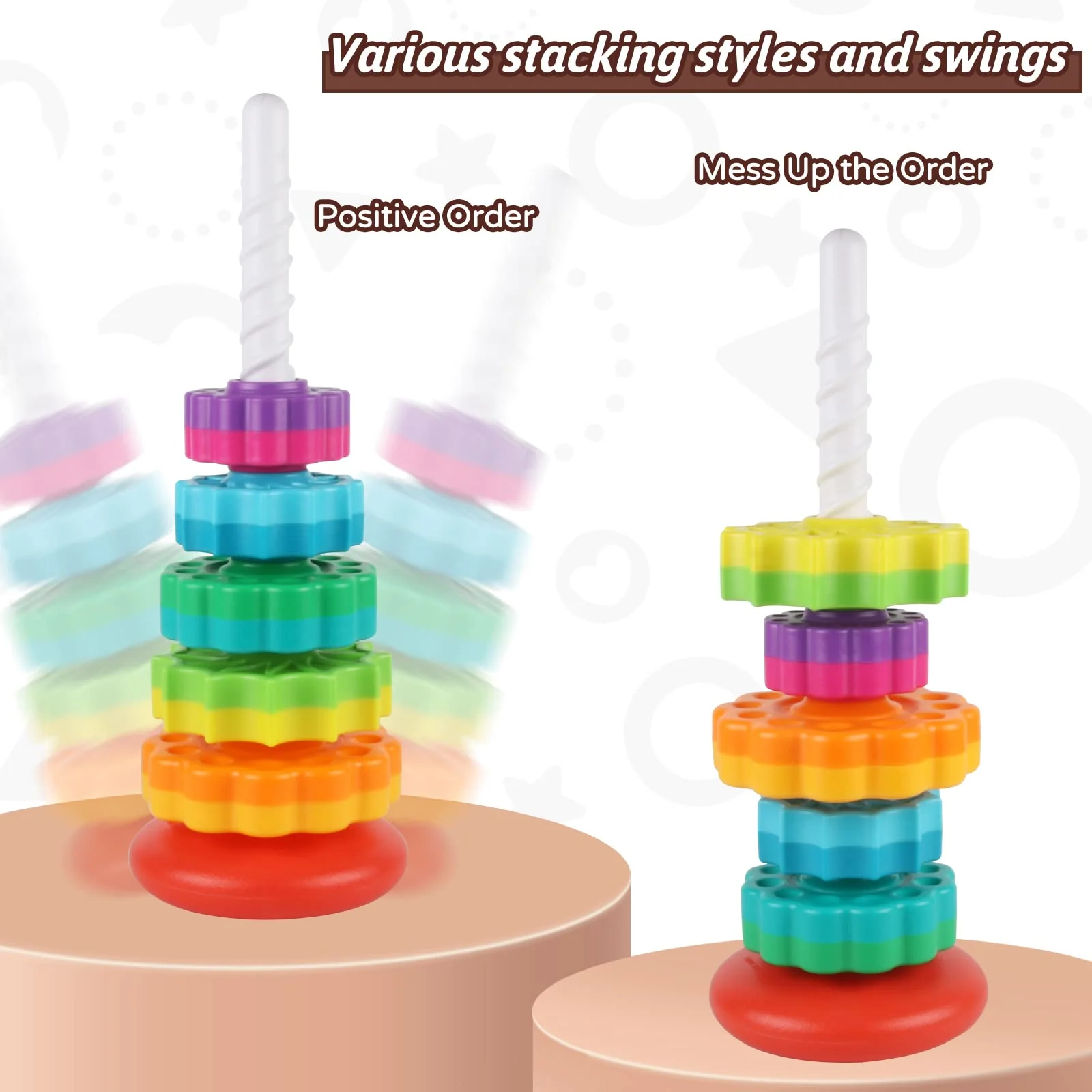 JUXUE Baby Spinning Stacking Toys for Toddlers 1-3, Rainbow Ring Stacker Montessori Toys for Babies 6-12 Months, 1 2 3 One Year Old Girl Boy Christmas Birthday Gifts, Autism Sensory Learning Toy - Image 6