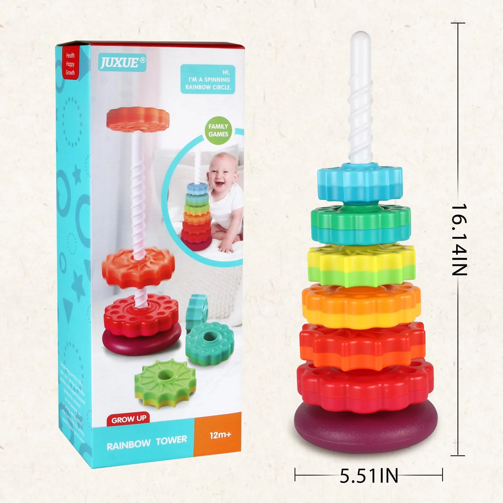 JUXUE Spinning Toy, Rainbow Stacking Toys for Toddlers 1-3, Ring Stacker Baby Toys 6 to 12 Months, 1 One Year Old Girl Boy Christmas Birthday Gifts, Montessori Autism Sensory Toy - Image 2