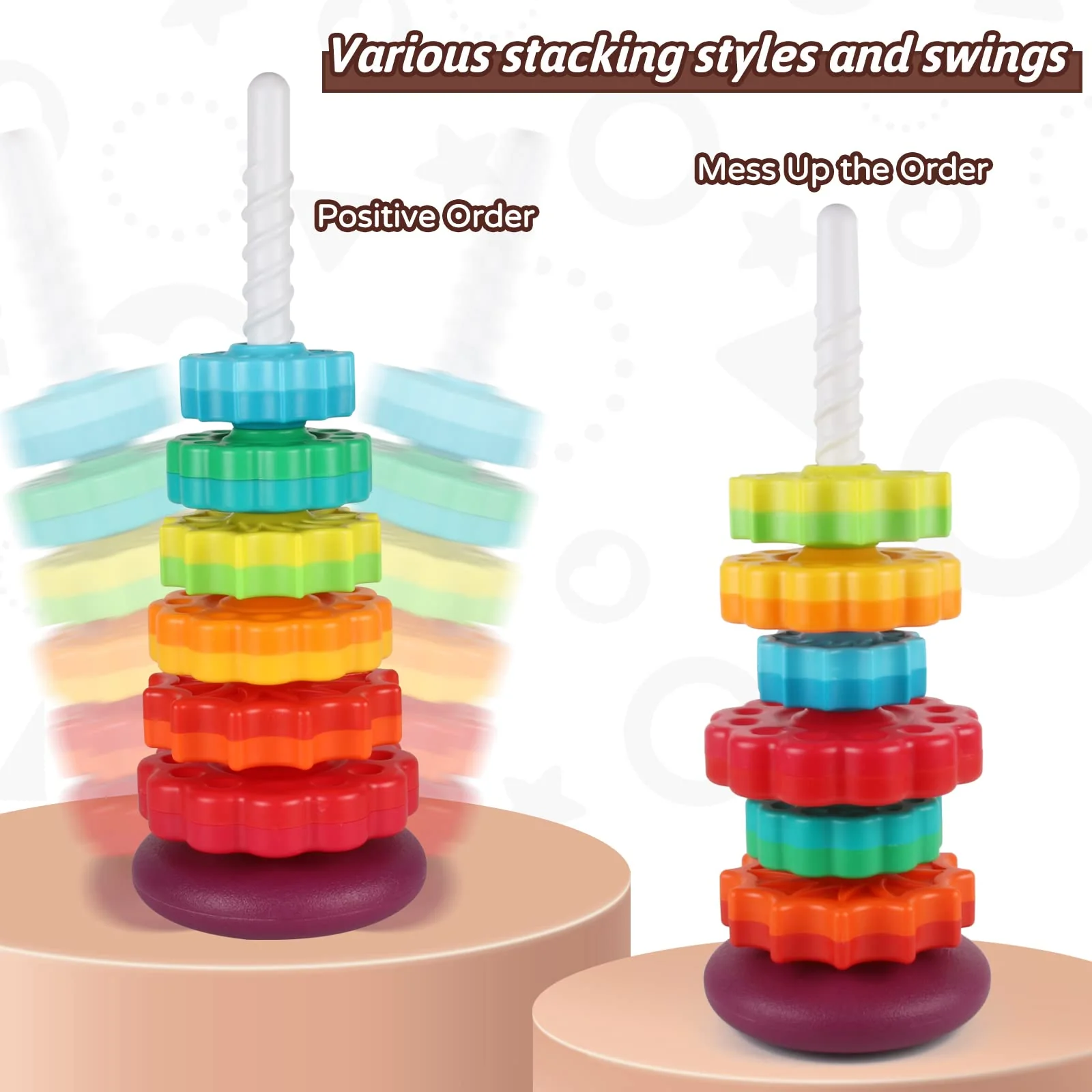 JUXUE Spinning Toy, Rainbow Stacking Toys for Toddlers 1-3, Ring Stacker Baby Toys 6 to 12 Months, 1 One Year Old Girl Boy Christmas Birthday Gifts, Montessori Autism Sensory Toy - Image 6