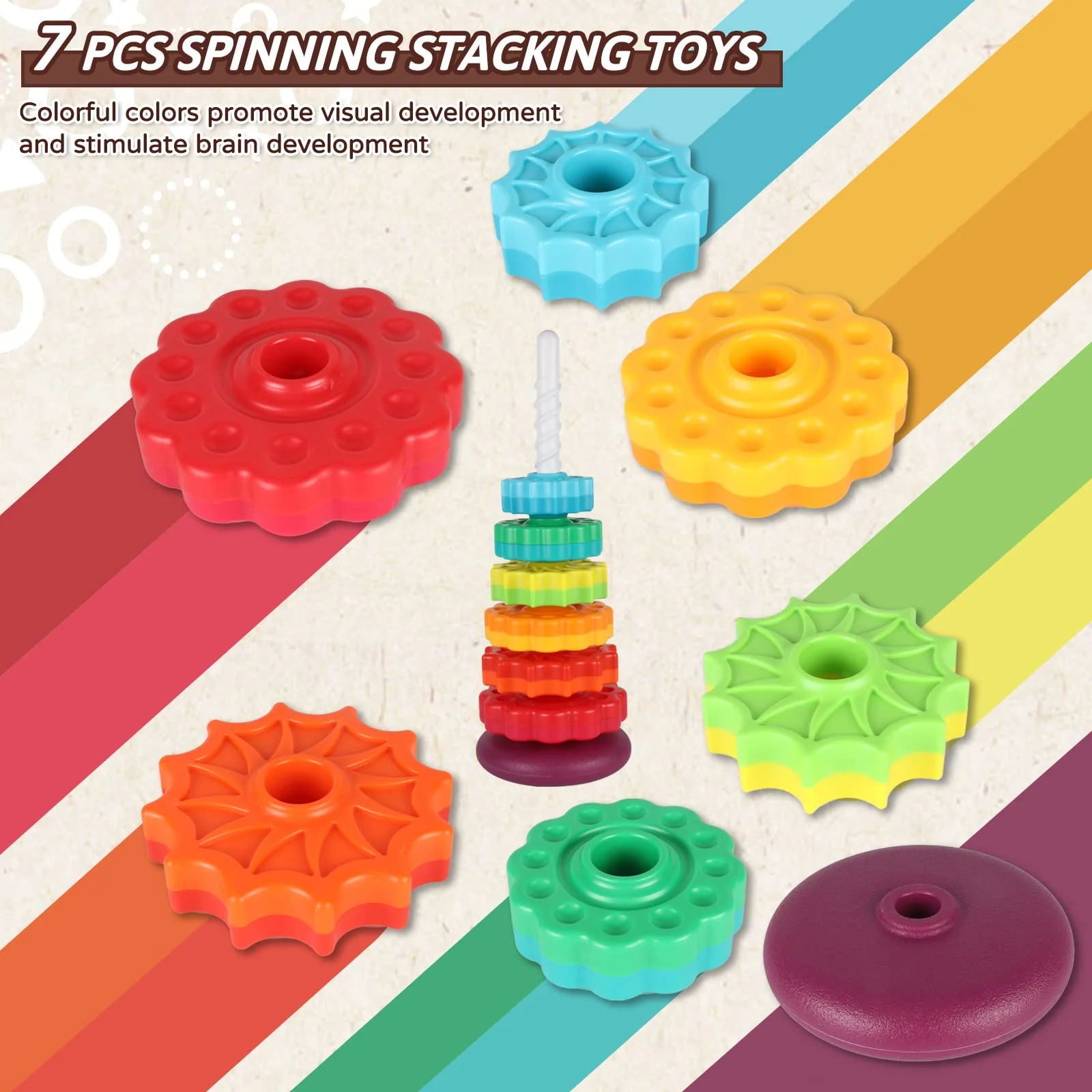 JUXUE Spinning Toy, Rainbow Stacking Toys for Toddlers 1-3, Ring Stacker Baby Toys 6 to 12 Months, 1 One Year Old Girl Boy Christmas Birthday Gifts, Montessori Autism Sensory Toy - Image 7