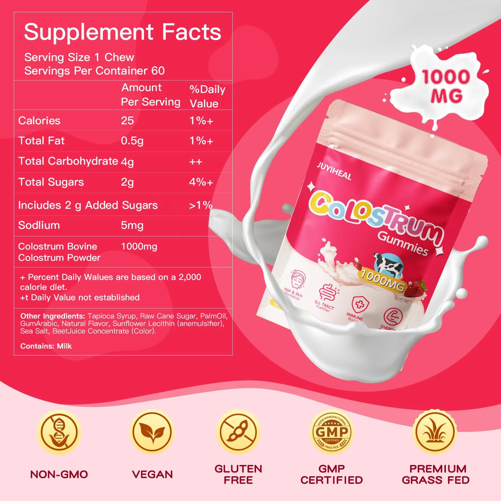 JUYIHEAL Colostrum Gummies, 1000 mg Grass Fed Colostrum Chews Colostrum Supplement for Gut Health, Hair Growth, Beauty, and Immune Support, Strawberry Flavor 60 Servings - Image 7