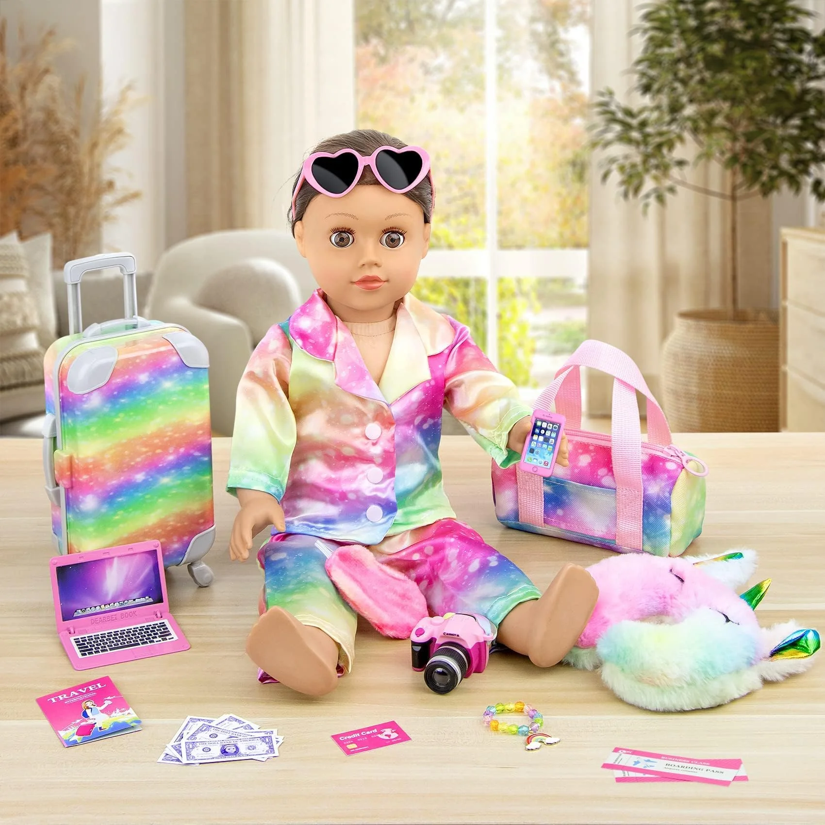 K.T. Fancy 23 PCS American 18 Inch Doll Accessories Suitcase Luggage Travel Set - Rainbow Suitcase Rainbow Bag Camera Computer Cell Phone Neck Pillow Eye Mask Glasses Gift for Christmas (NO Doll) - Image 6