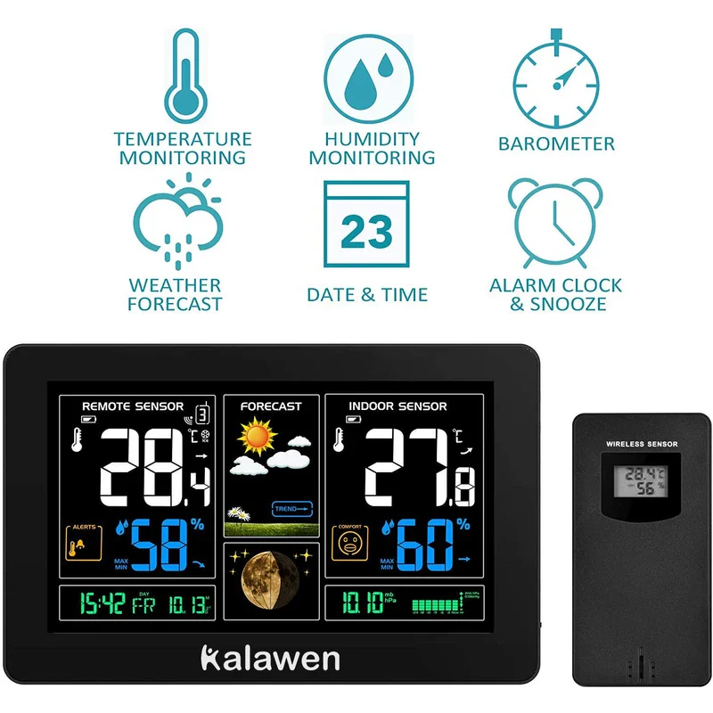 Kalawen, Weather Station with Outdoor Sensor, Indoor and Outdoor 9-in-1 Wireless Weather Station with Colour Display, Digital DCF Wireless Thermometer, Hygrometer, Rain Gauge and Time Display for Home Office, Home Garden - Image 2
