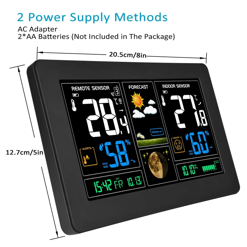 Kalawen, Weather Station with Outdoor Sensor, Indoor and Outdoor 9-in-1 Wireless Weather Station with Colour Display, Digital DCF Wireless Thermometer, Hygrometer, Rain Gauge and Time Display for Home Office, Home Garden - Image 3