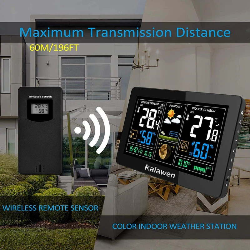 Kalawen, Weather Station with Outdoor Sensor, Indoor and Outdoor 9-in-1 Wireless Weather Station with Colour Display, Digital DCF Wireless Thermometer, Hygrometer, Rain Gauge and Time Display for Home Office, Home Garden - Image 4