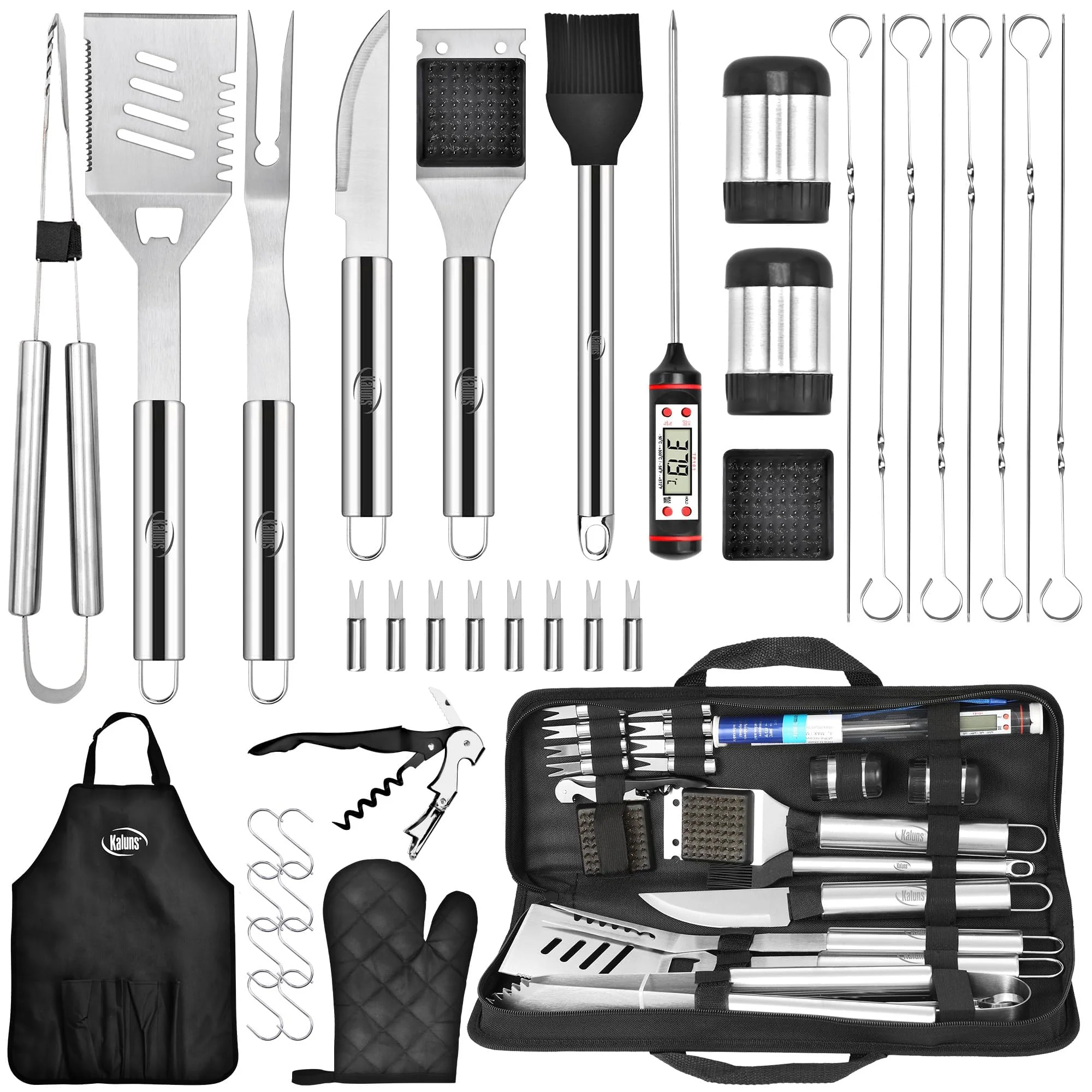 Kaluns Grilling Accessories, Dad Gifts for Christmas Grilling Gifts, Heavy Duty Stainless Steel Grill Set BBQ Grill Accessories for Outdoor Grill with Meat Thermometer, Case and Apron