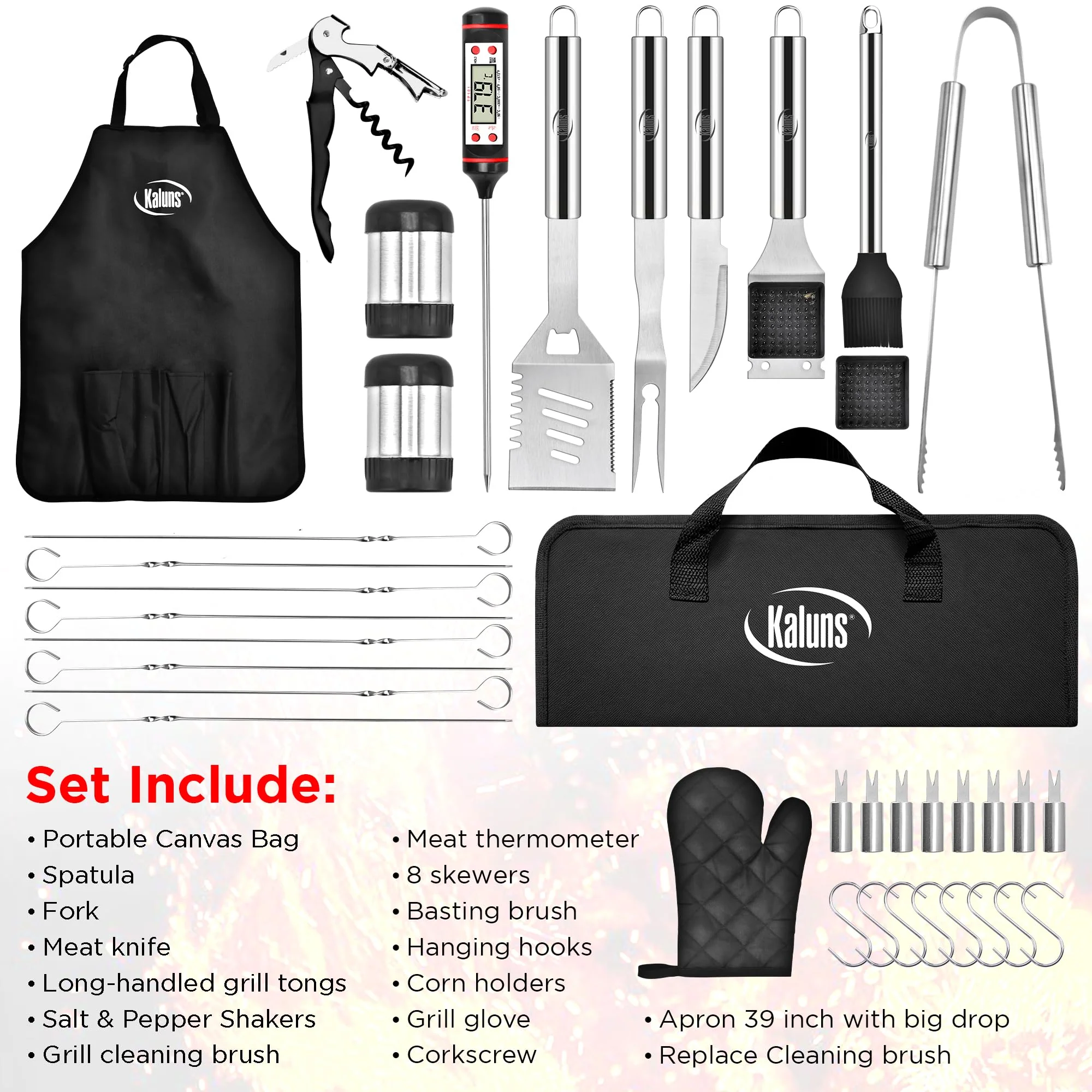 Kaluns Grilling Accessories, Dad Gifts for Christmas Grilling Gifts, Heavy Duty Stainless Steel Grill Set BBQ Grill Accessories for Outdoor Grill with Meat Thermometer, Case and Apron - Image 2