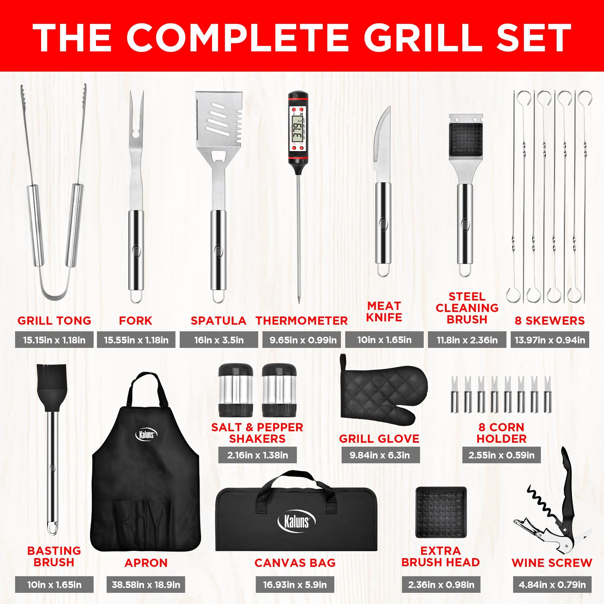 Kaluns Grilling Accessories, Dad Gifts for Christmas Grilling Gifts, Heavy Duty Stainless Steel Grill Set BBQ Grill Accessories for Outdoor Grill with Meat Thermometer, Case and Apron - Image 9