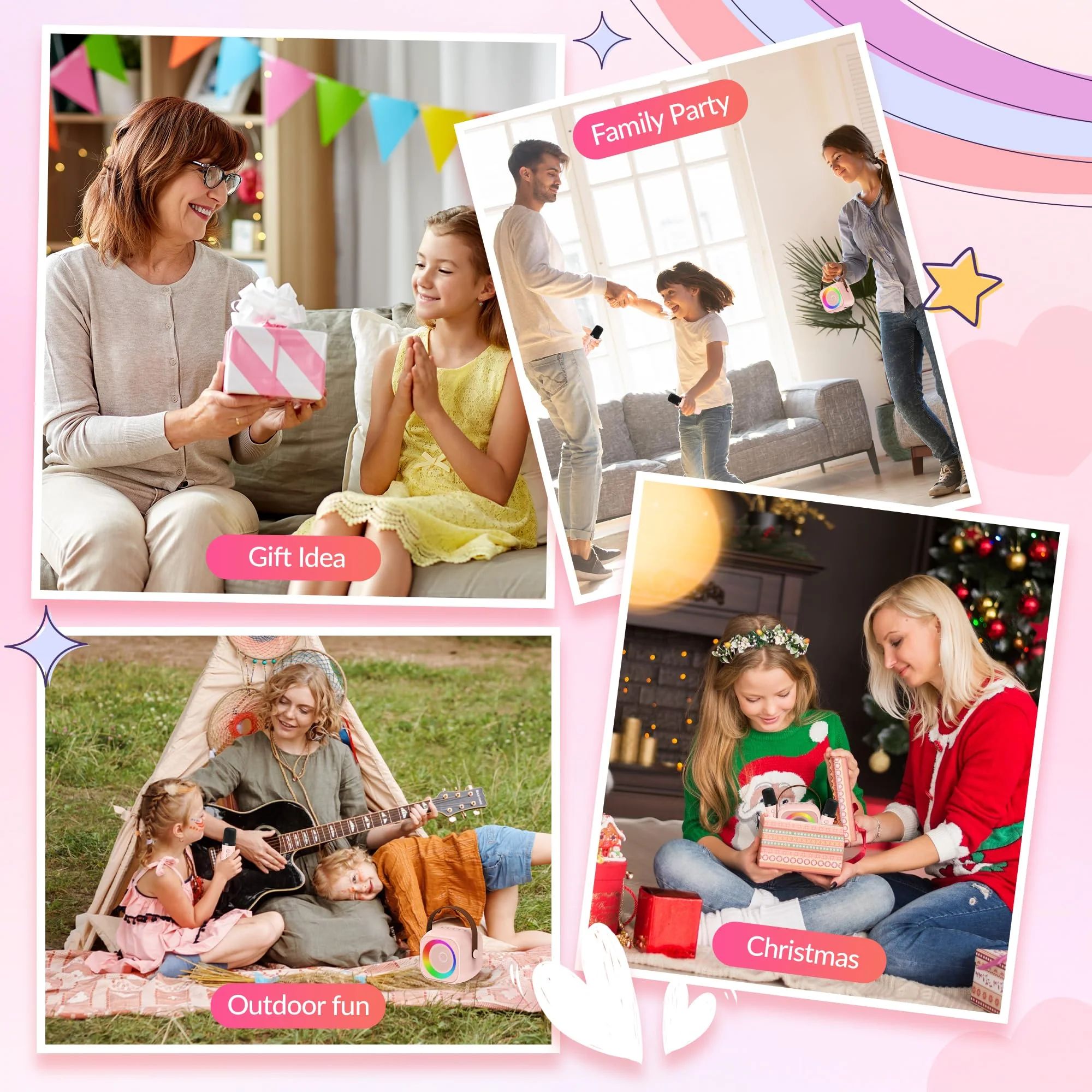Karaoke Machine for Kids Adults, Mini Portable Bluetooth Karaoke Speaker with 2 Wireless Microphone and Lights, Christmas Birthday Gifts for Girls Ages 4, 5, 6, 7, 8, 9, 10, 12+ Family Home Party - Image 3