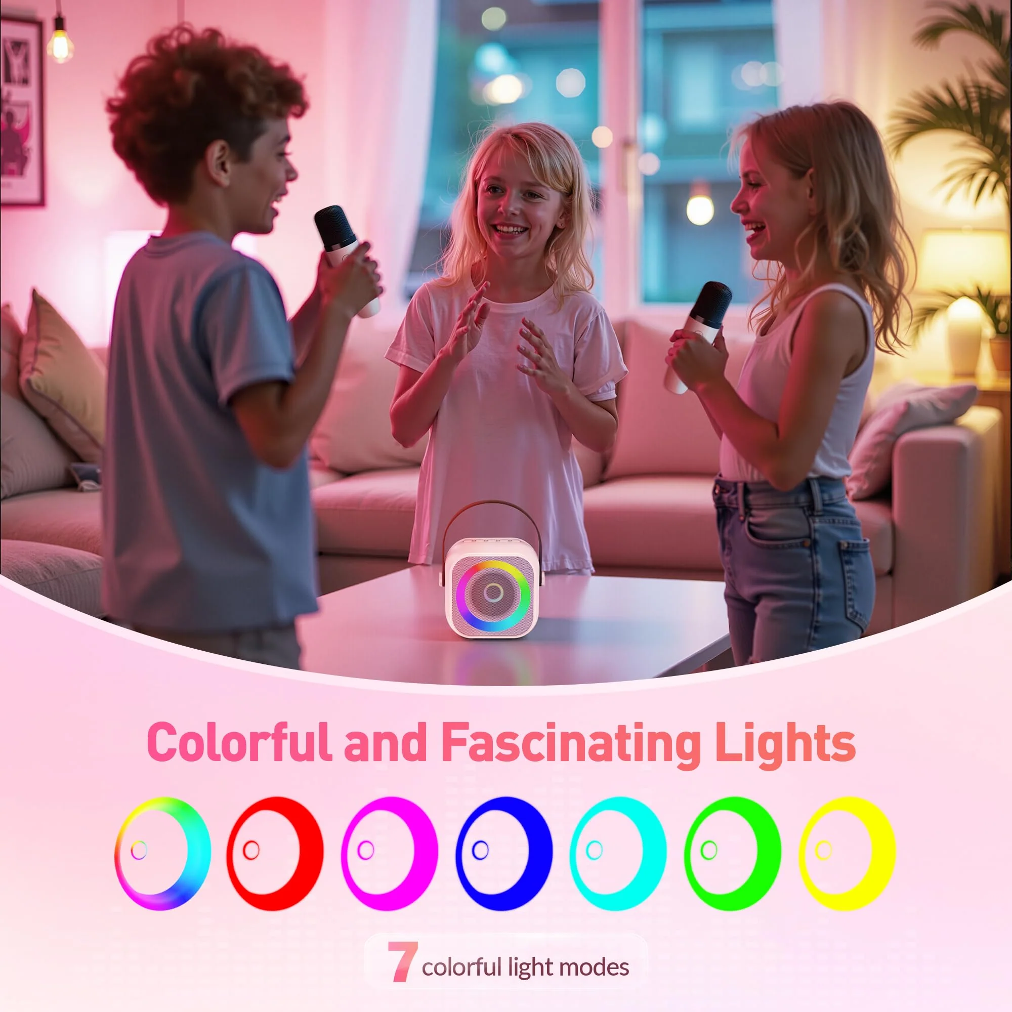 Karaoke Machine for Kids Adults, Mini Portable Bluetooth Karaoke Speaker with 2 Wireless Microphone and Lights, Christmas Birthday Gifts for Girls Ages 4, 5, 6, 7, 8, 9, 10, 12+ Family Home Party - Image 5