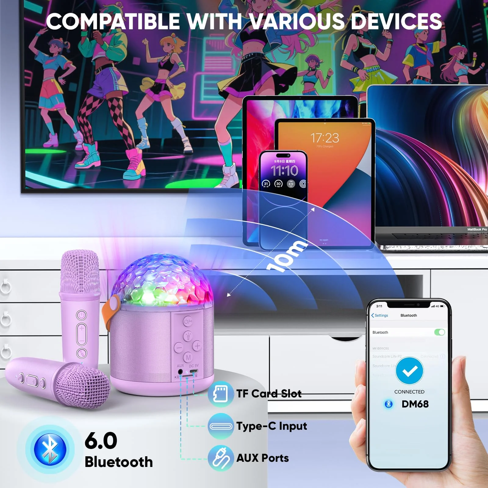 Karaoke Machine with Disco LED Lights for Adults Kids, Portable Bluetooth Speaker with 2 Wireless Microphone, Christmas Birthday Gifts Toys for 3-12+ Kids Family Home Party Stocking Stuffers - Image 5
