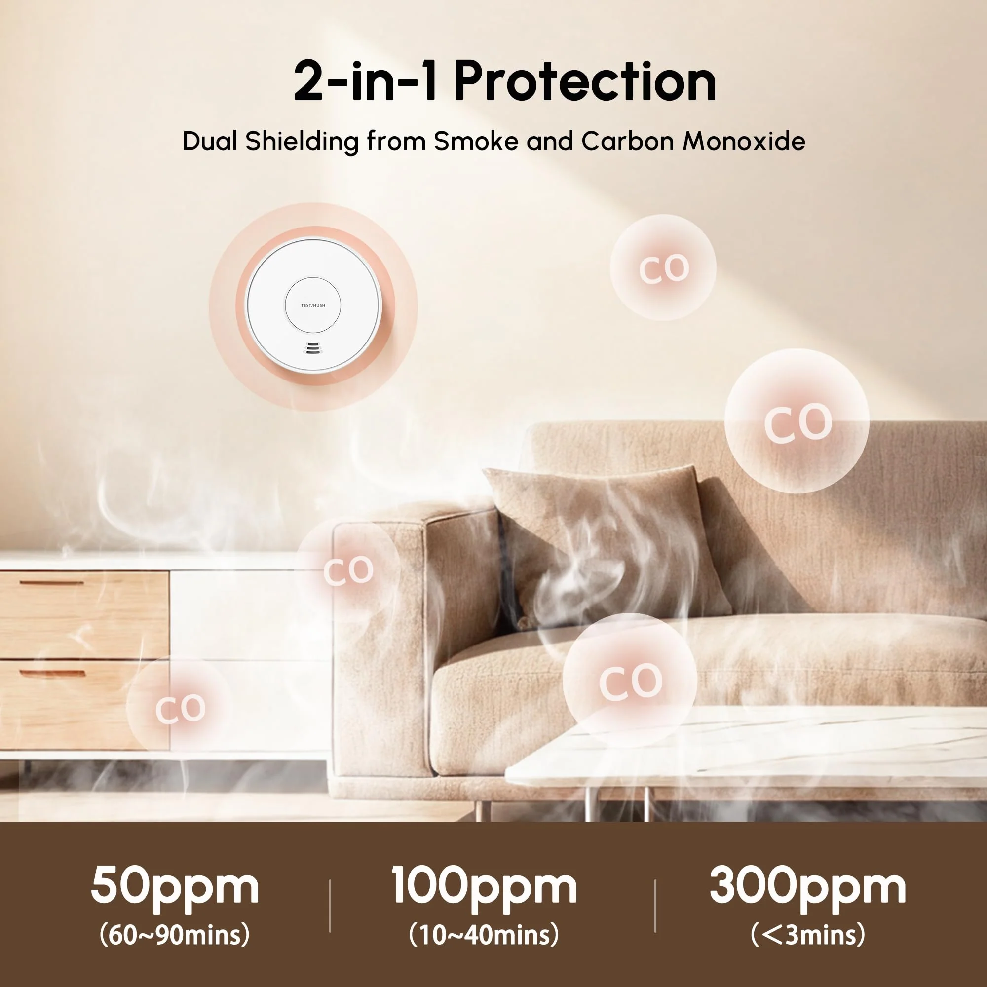 KARUOTOP Smoke and Carbon Monoxide Detector Alarm 2 Pack, 10-Year Battery Fire Alarm CO Detector with Large Test/Silence Button, Easy Adhesive or Screw Mount - Image 9