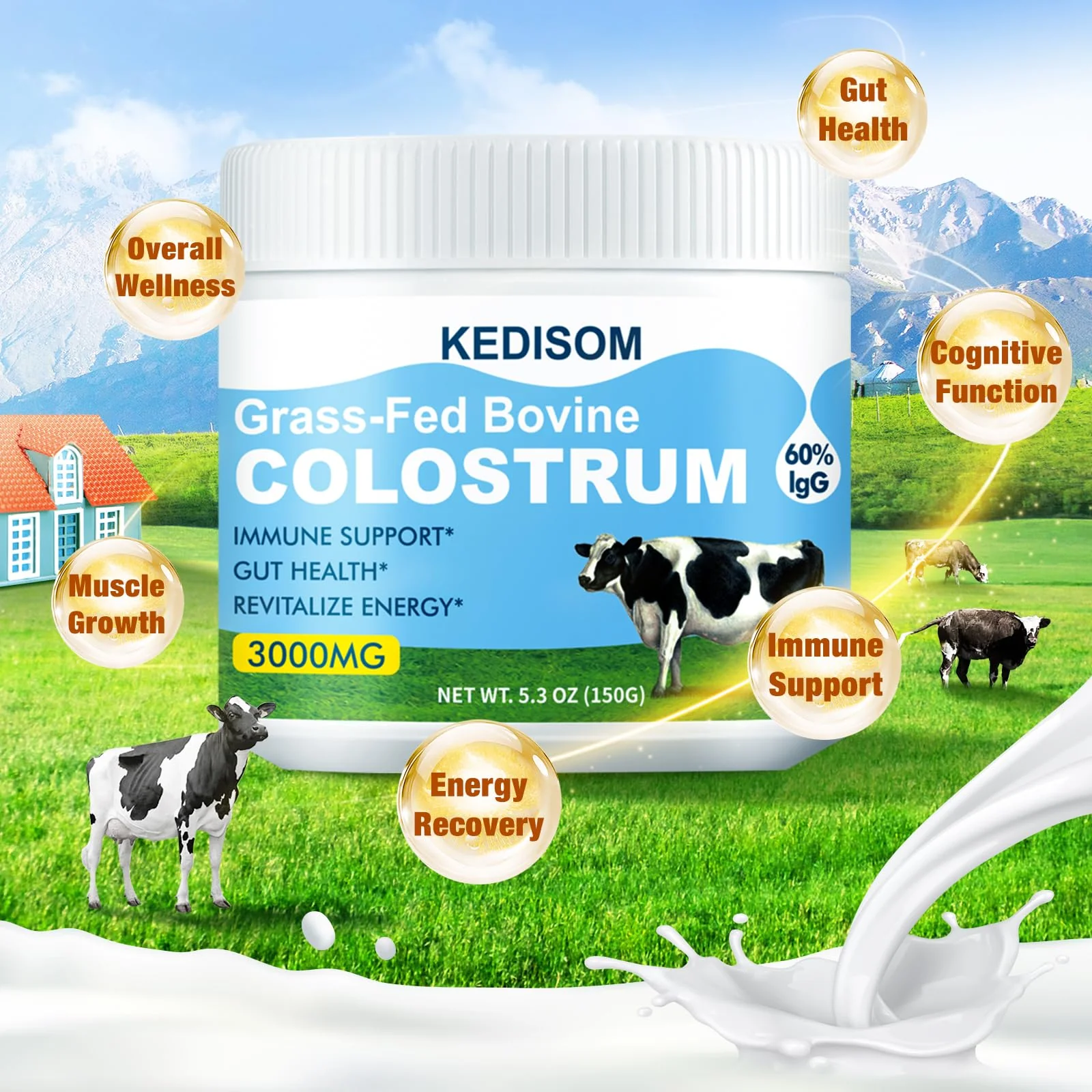 KEDISOM Grass-Fed Bovine Colostrum Supplement Powder - 60% High IgG 3000 mg for Gut Health, Immune Support - Easy to Mix Natural Liposomal Colostrum Superfood, Unflavored, 50 Servings - Image 5