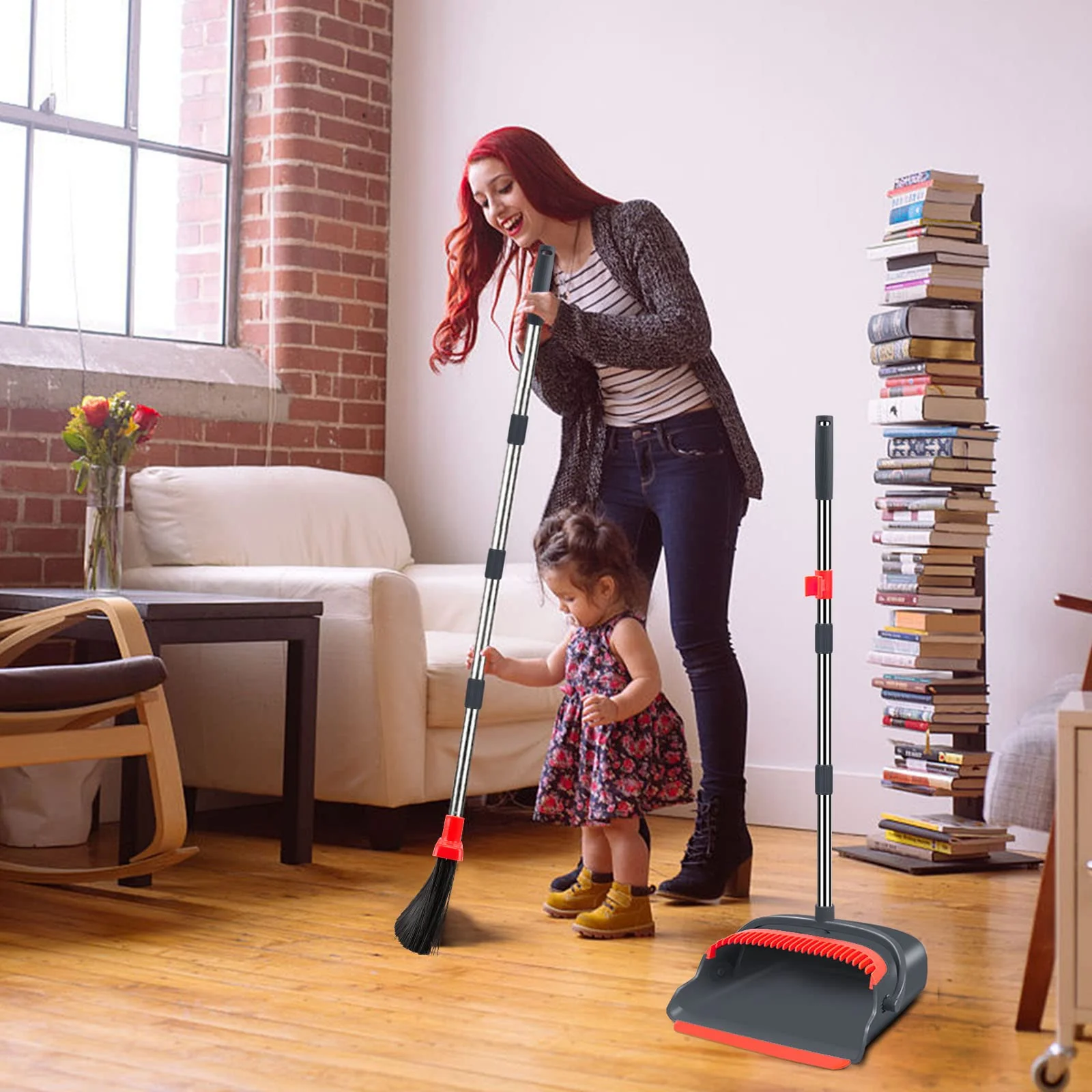 kelamayi Upgrade Broom and Dustpan Set, Broom with Dustpan Combo Set, Large Size and with Long Handle, Upright,Ideal for Indoor Outdoor Garage Kitchen Room Office Lobby Use (Black&Red) - Image 2