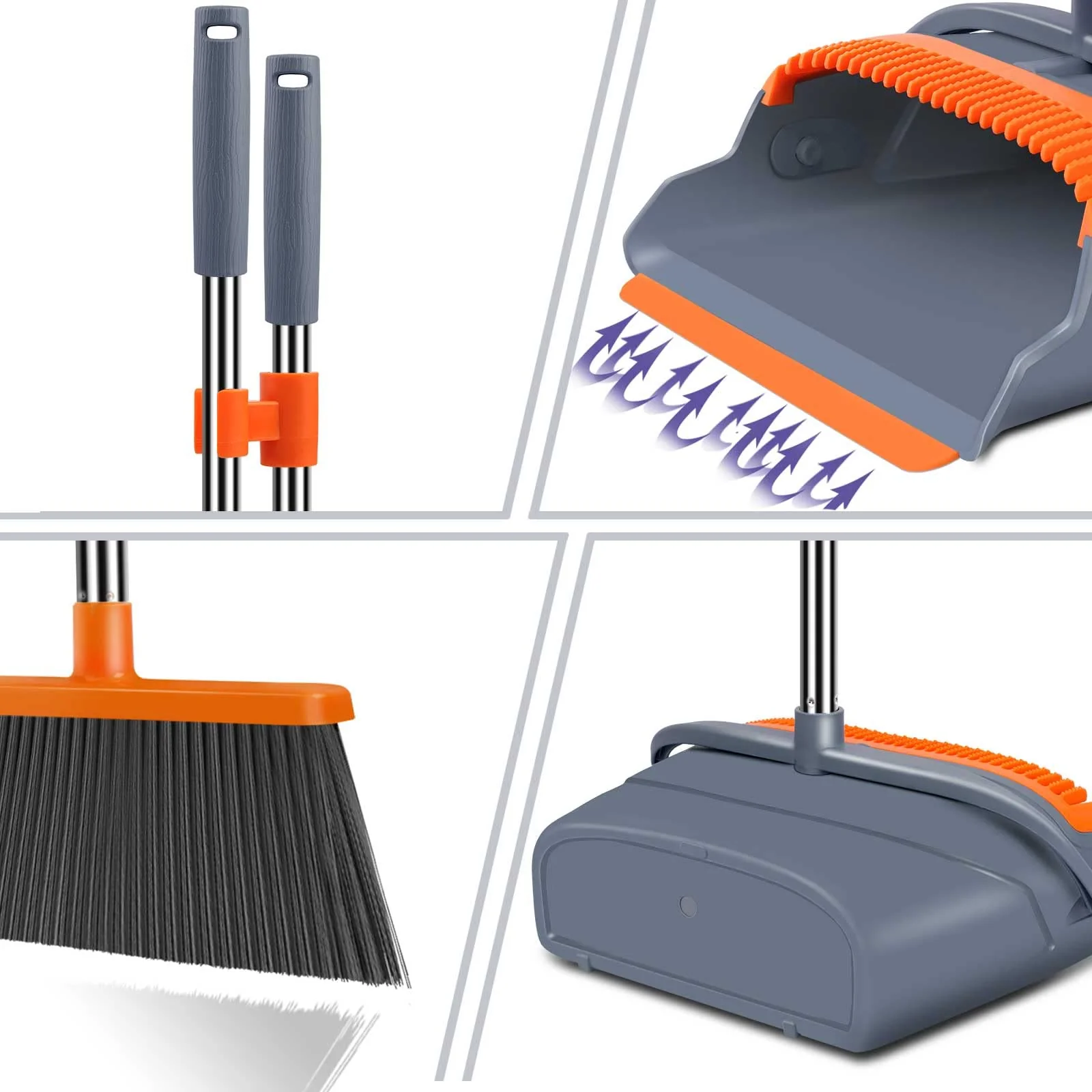 kelamayi Upgrade Broom and Dustpan Set, Self-Cleaning with Dustpan Teeth, Indoor&Outdoor Sweeping, Ideal for Dog Cat Pets Home Use, Stand Up Broom and Dustpan (Gray&Orange) - Image 6