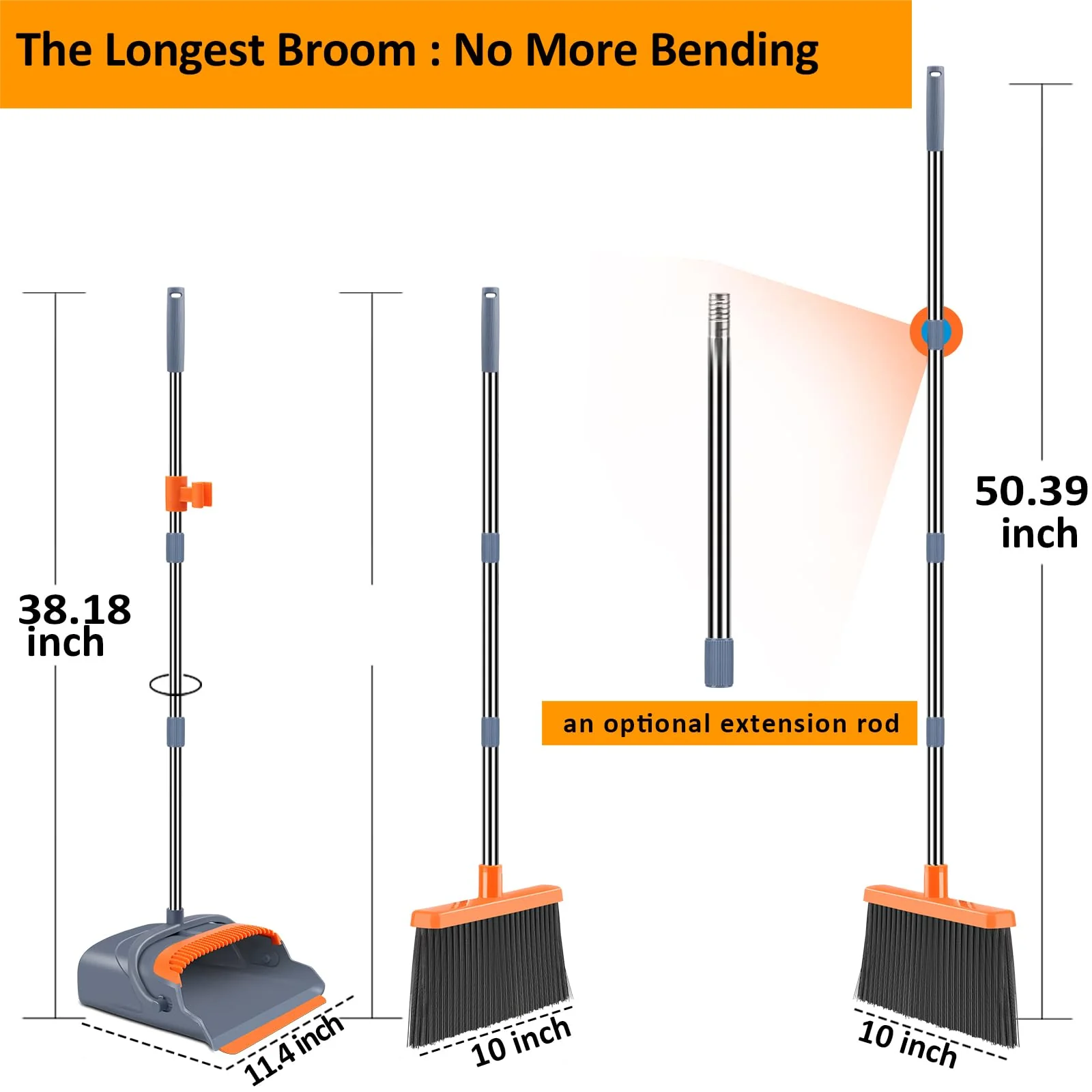kelamayi Upgrade Broom and Dustpan Set, Self-Cleaning with Dustpan Teeth, Indoor&Outdoor Sweeping, Ideal for Dog Cat Pets Home Use, Stand Up Broom and Dustpan (Gray&Orange) - Image 7
