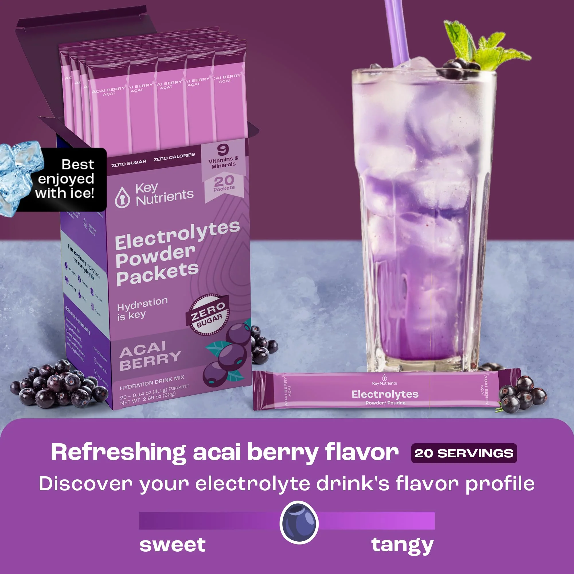 KEY NUTRIENTS Multivitamin Electrolytes Powder Packets - Delicious Acai Berry 20 Pack Hydration Packets - Travel Hydration Powder - No Sugar, No Calories, Gluten Free - Made in USA - Image 5