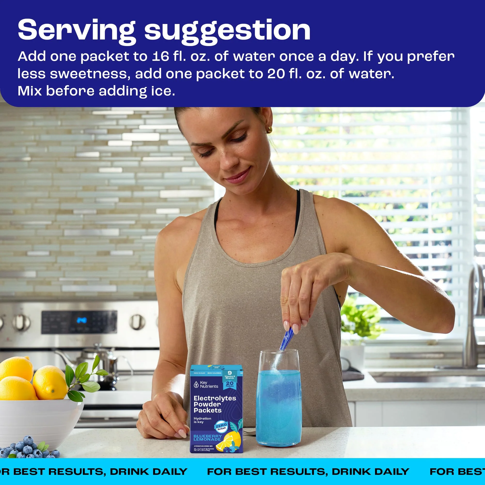 KEY NUTRIENTS Multivitamin Electrolytes Powder Packets - Delicious Blueberry Lemonade 20 Pack Hydration Packets - Travel Hydration Powder - No Sugar, No Calories, Gluten Free - Made in USA - Image 3