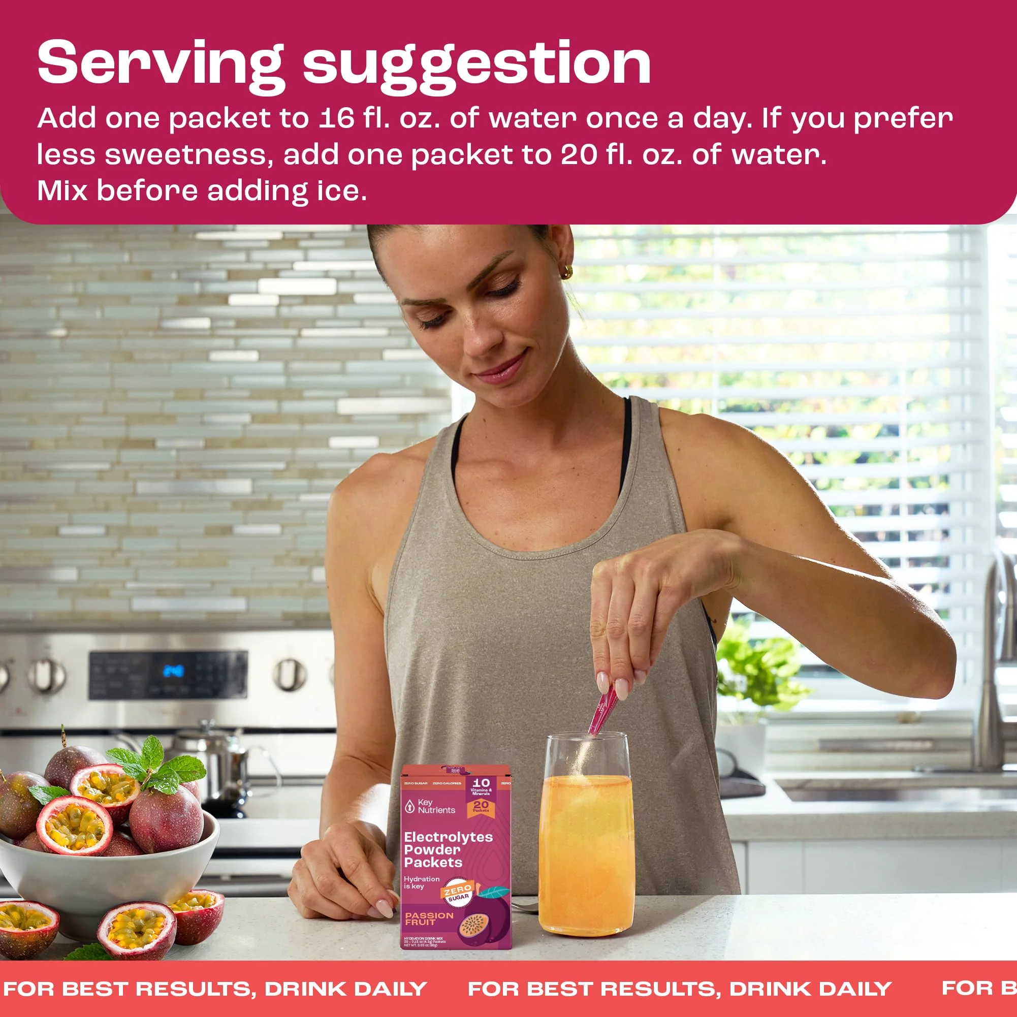 KEY NUTRIENTS Multivitamin Electrolytes Powder Packets - Delicious Passion Fruit 20 Pack Hydration Packets - Travel Hydration Powder - No Sugar, No Calories, Gluten Free - Made in USA - Image 3