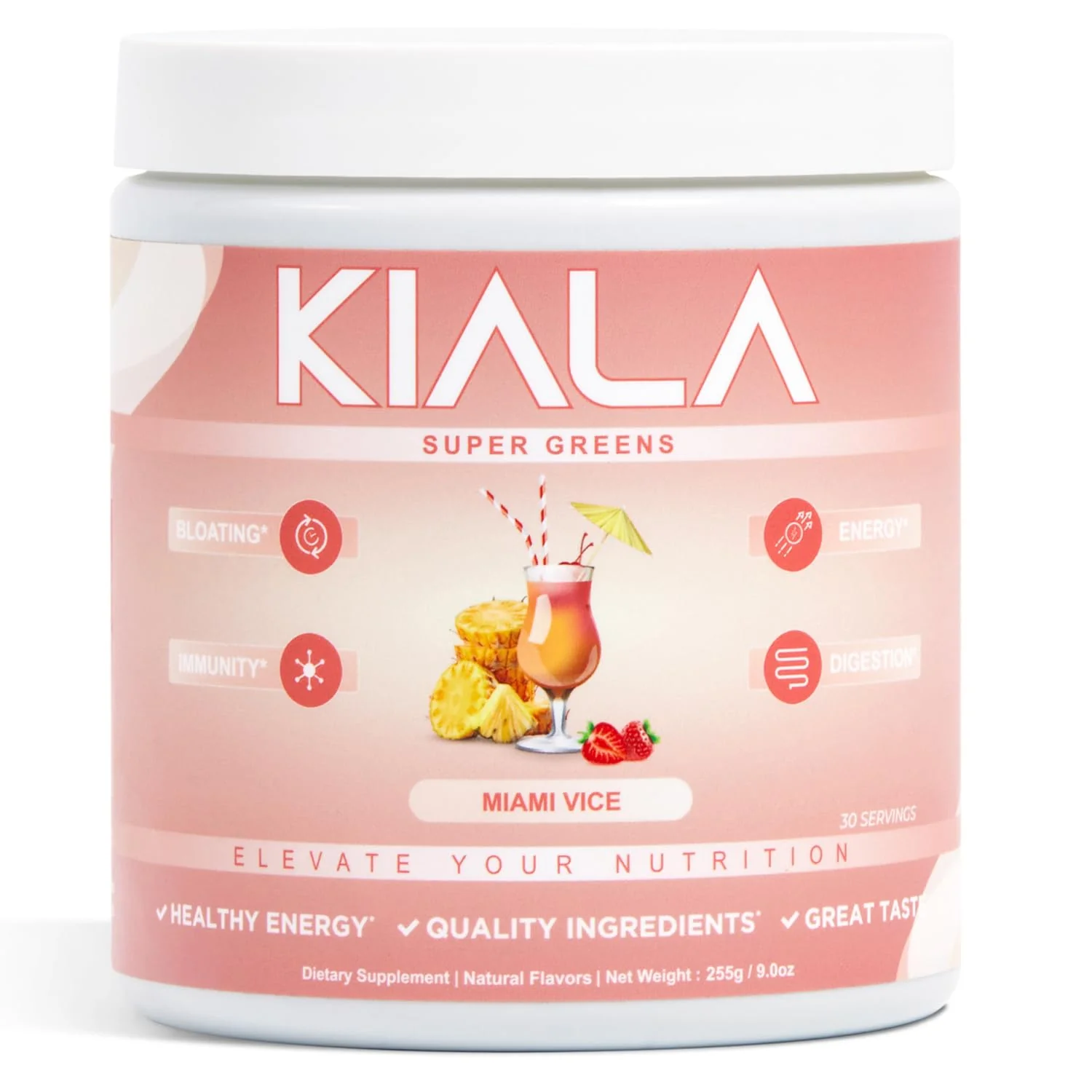 Kiala Nutrition Super Greens, Organic Greens Powder with Spirulina & Chlorella for Digestion, Gut Health, Immunity & Energy, Gluten Free, Vegan, Daily Support for Women, Miami Vice Flavor, 30 Servings