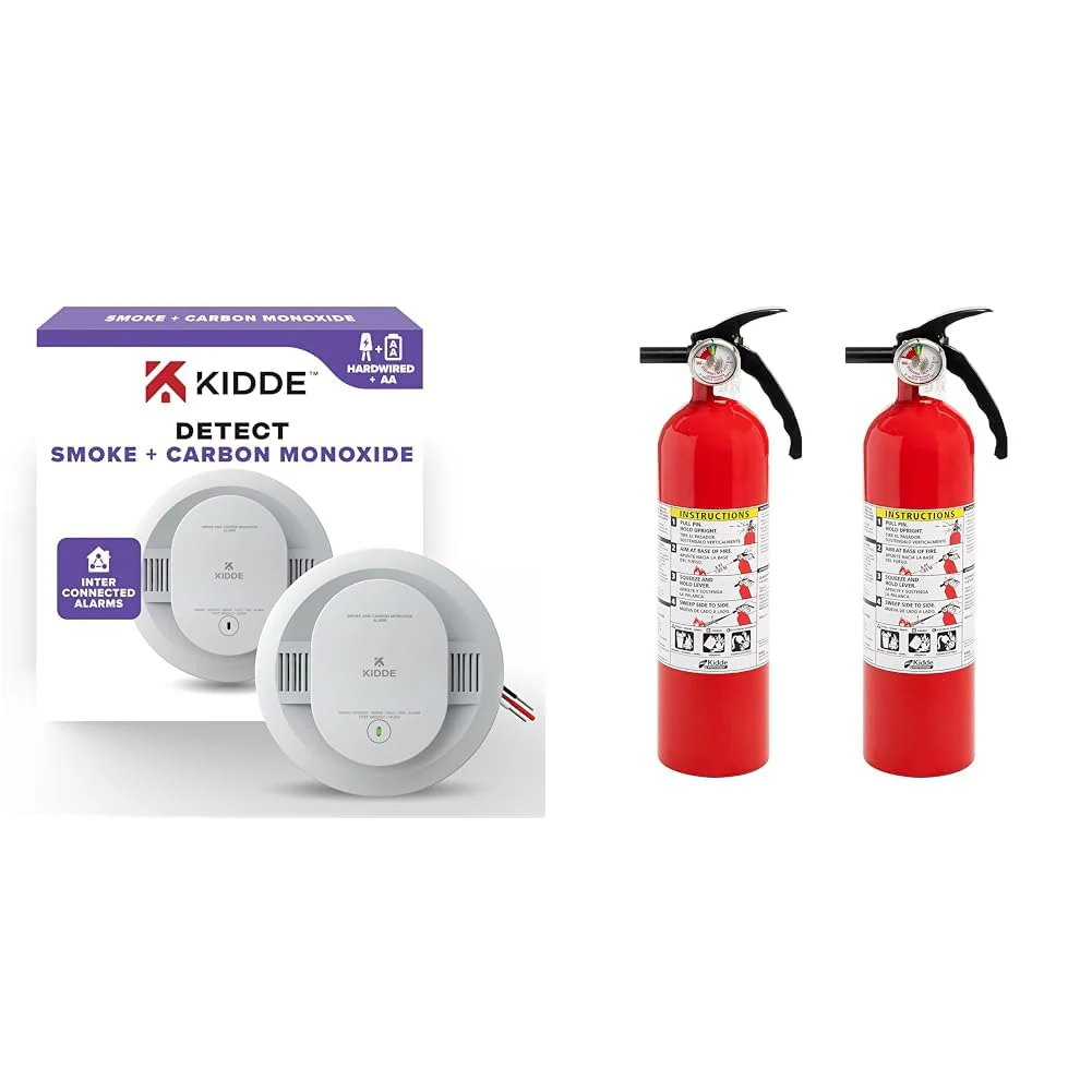 Kidde Smoke Detector with LED Indicators, Fire Extinguisher for Home 1-A:10-B:C Dry Chemical Extinguisher 2 Pack