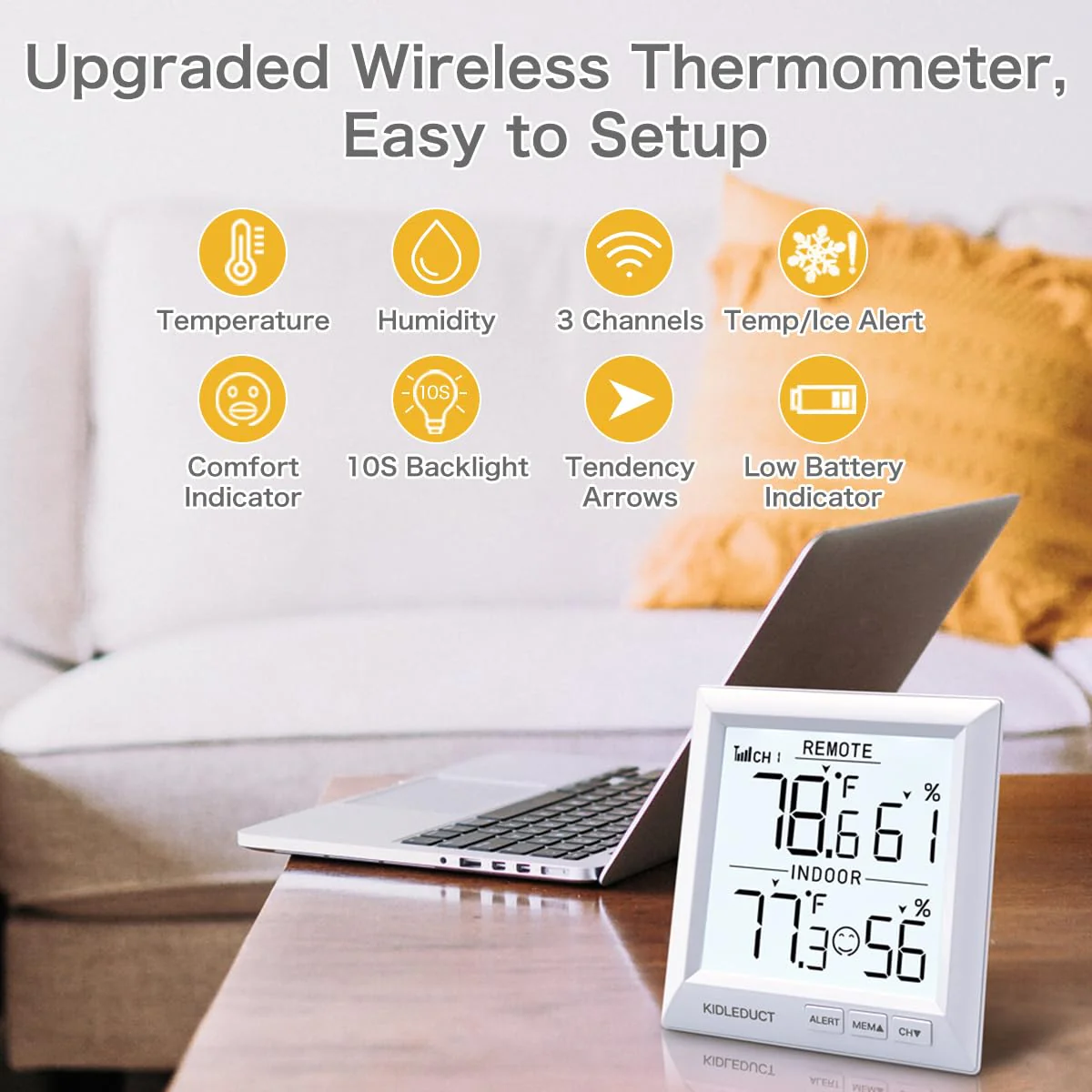 KIDLEDUCT Indoor Outdoor Thermometer Wireless Battery Powered, High Precision Inside Outside Humidity Temperature with Alert, Backlight Weather Thermometers with 1 Sensor, 330ft Wireless, White - Image 2