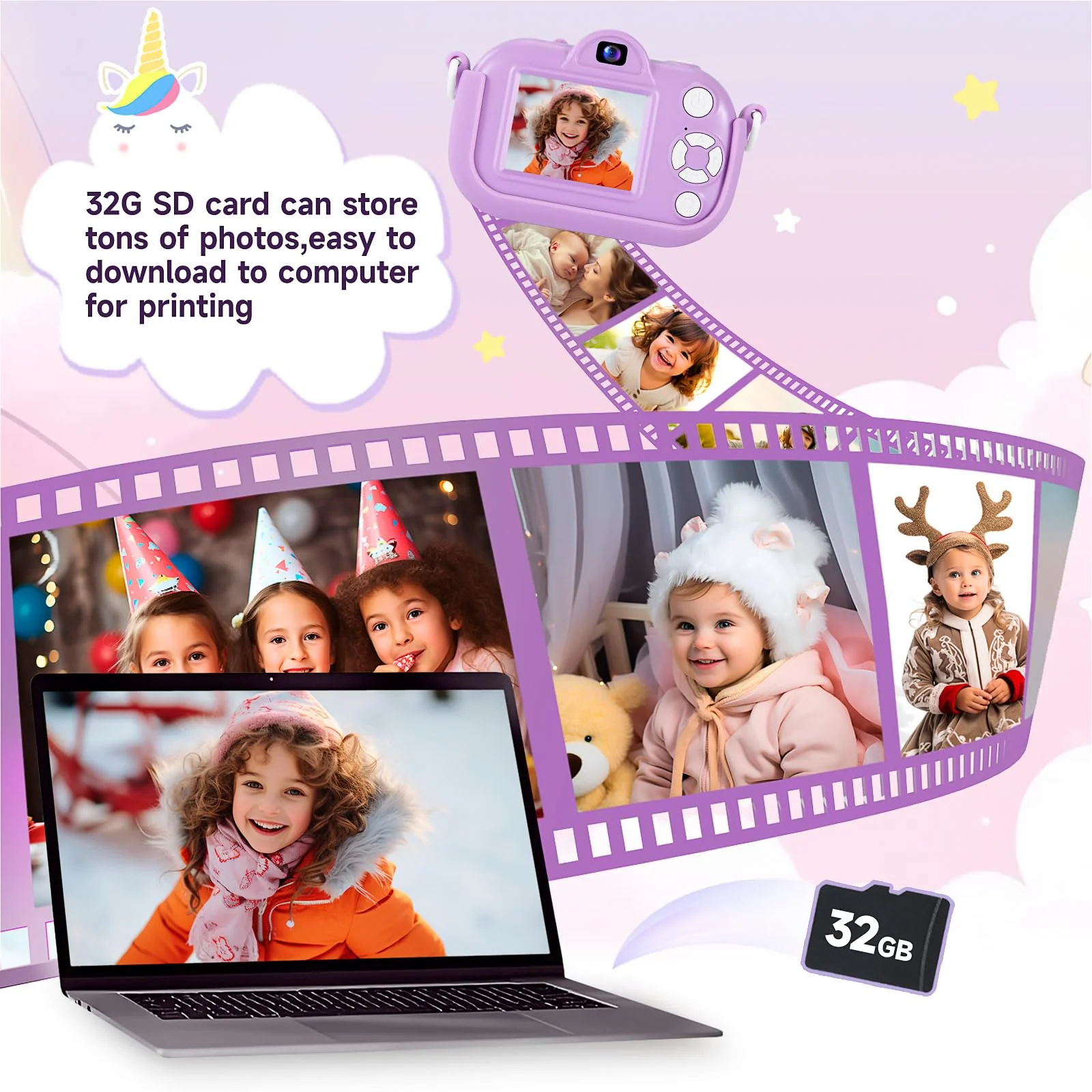 Kids Camera Digital Camera for Age 3-8, 1080P Toddler Camera for Kid with 32GB SD Card, Toddler Girls Toys Age 6-8, Christmas Birthday Gifts for Children - Image 3