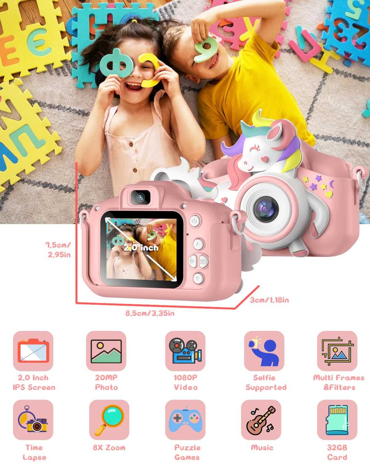 Kids Camera for 3-8 Years Old Toddlers Childrens Boys Girls Selfie Camera 20 MP HD 1080P IPS Screen Dual Digital Toy Camera for Kids Christmas Birthday Gifts with 32Gb Card - Image 6