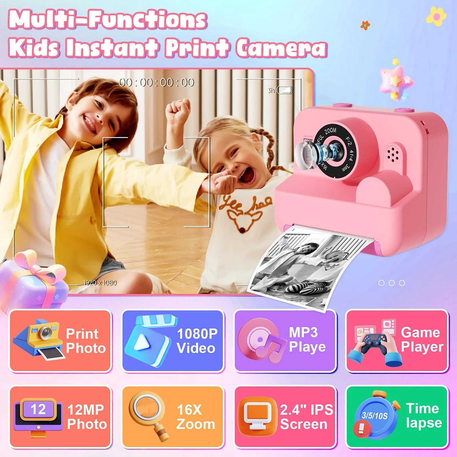 Kids Camera Instant Print - 1080P HD Video Digital Camera for Toddler with Printing Photo Paper, Portable Toy for 4 5 6 7 8 9 10 Years Old, Christmas Birthday Gifts for Boys Girls (Pink) - Image 6