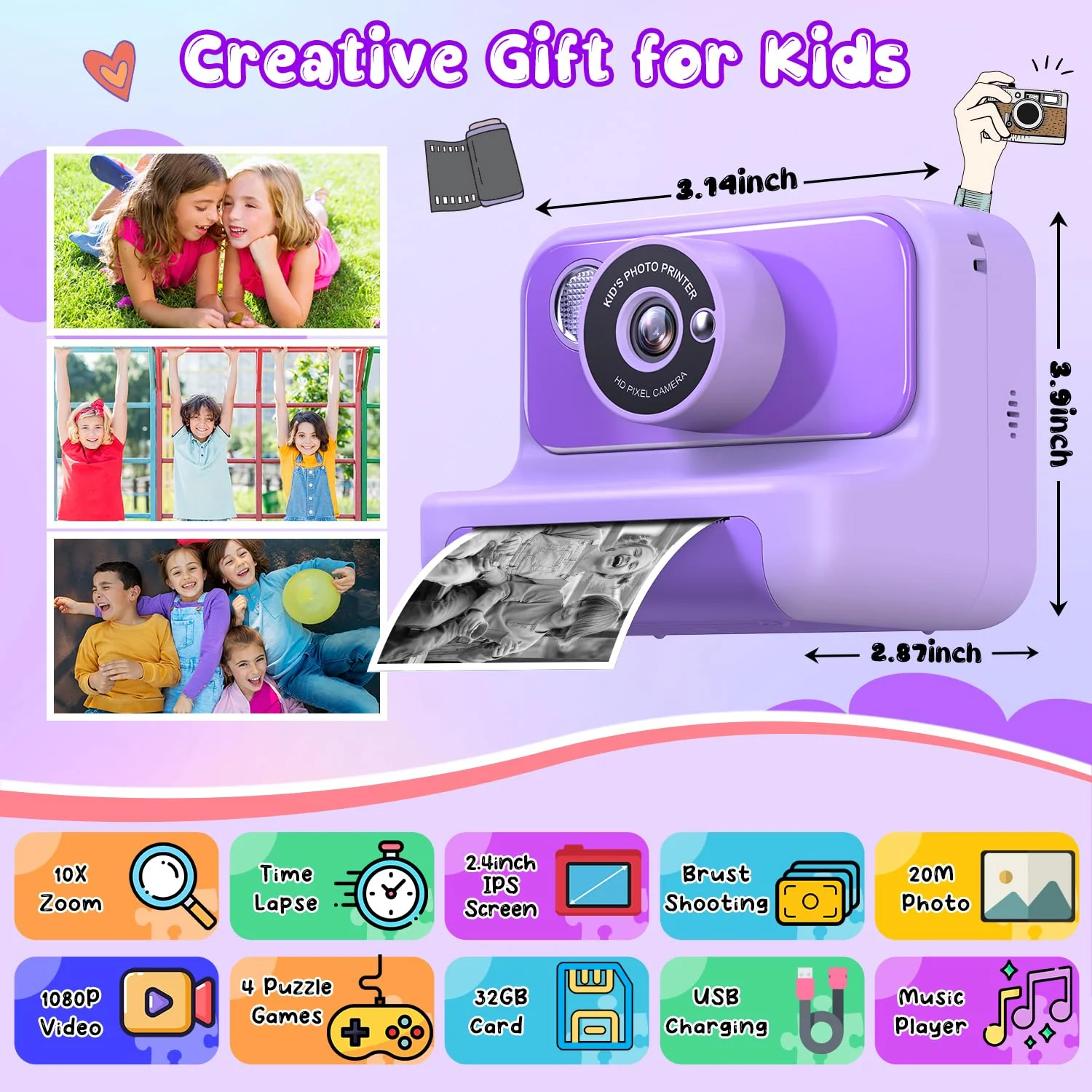 Kids Camera Instant Print, Christmas Birthday Gifts for Girls and Boys, 1080P HD Video Digital Kids Camera with 32G Card, Toddler Camera for 3-12 Years Old, Purple - Image 7