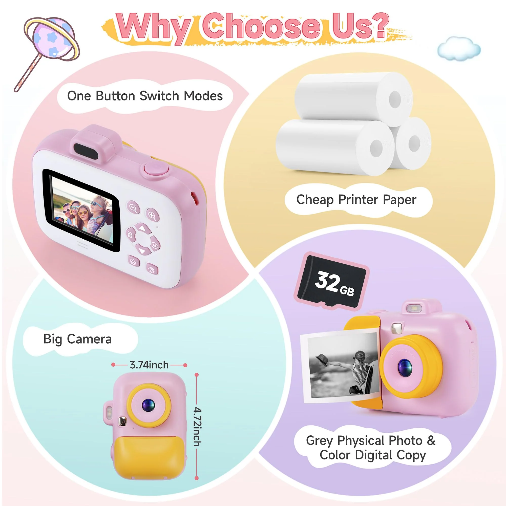 Kids Camera Instant Print for Girls Boys Age 3-12 Kids Toys, 12MP 1080P Kids Digital Cameras Christmas Birthday Gifts for 4 5 6 7 8 9 10 Year Old Girls, Toddler Camera - Image 7