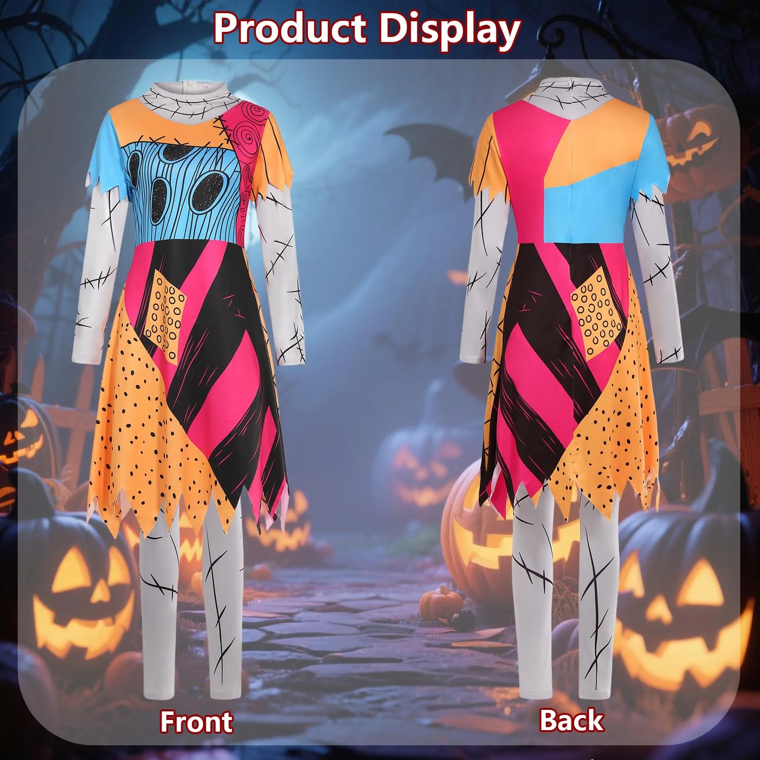 Kids Christmas Nightmare Costume Girls Halloween Costumes Long Sleeve Dress with Patch Pattern Movie Character Cosplay Outfit with Accessories Red Wig Stickers DY003M - Image 5