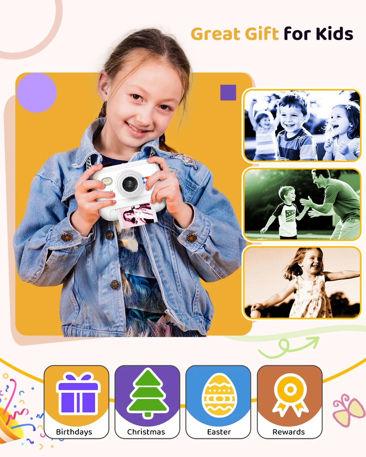 Kids Color Instant Print Camera – Kids Camera with 5 Color Photo Paper, 48MP & 1080P Video, 21 Fun Frames, 32G Card, Christmas/Birthday Gifts for Girls and Boys Ages 3 4 5 6 7 8 9 10 11 12 -White - Image 3