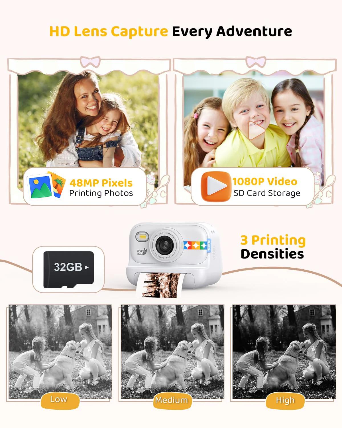 Kids Color Instant Print Camera – Kids Camera with 5 Color Photo Paper, 48MP & 1080P Video, 21 Fun Frames, 32G Card, Christmas/Birthday Gifts for Girls and Boys Ages 3 4 5 6 7 8 9 10 11 12 -White - Image 4