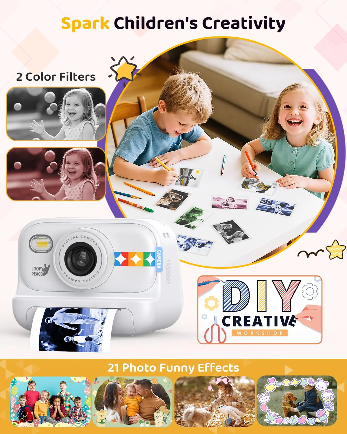 Kids Color Instant Print Camera – Kids Camera with 5 Color Photo Paper, 48MP & 1080P Video, 21 Fun Frames, 32G Card, Christmas/Birthday Gifts for Girls and Boys Ages 3 4 5 6 7 8 9 10 11 12 -White - Image 7